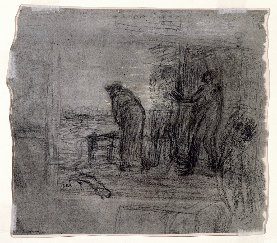 A sketch depicting three figures in a room made with black pastel coloring. One figure bends their waist looking out into the background. To their left, two other figures seem to be standing.