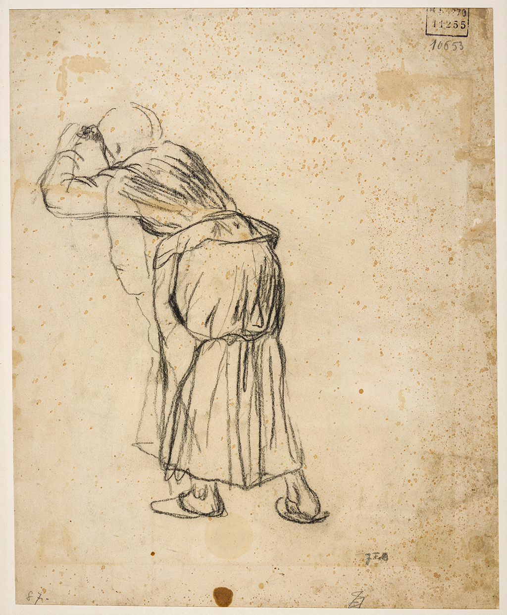 A sketch of a woman wearing a dress and cap. She is bent over and looking into the distance with her arm raised to her forehead.