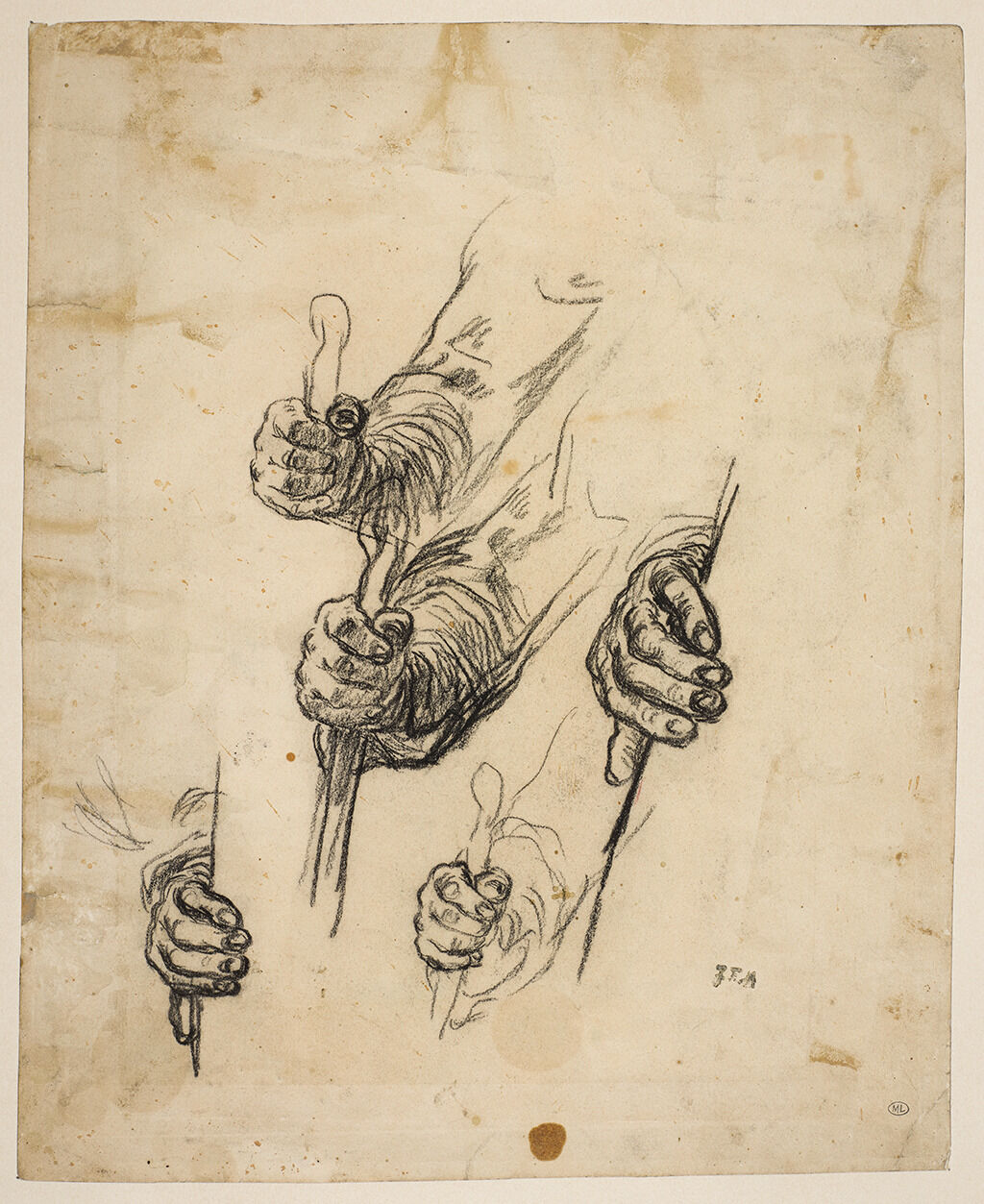 A sketch depicting a variety of rough outlines of three arms with hands connected holding a wooden staff. There are also two drawings of a hand gripping the side of a door frame.