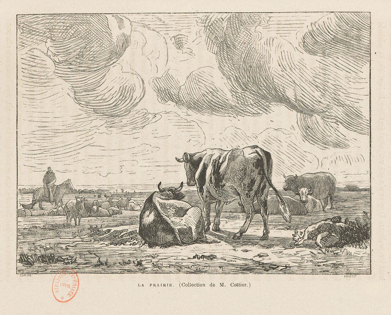 A black and white print of a painting depicting a herd of sheep and cattle in a large grass field. In the foreground, one bull is resting on the grass while another bull stands near him. To the right of them is a person on a white horse near a large heard of white sheep's and lambs. The background consists of hills and forests in the distance.