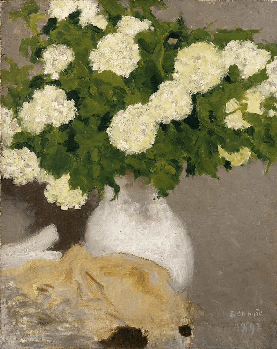 Guelder roses in a white porcelain vase, lying on what is possibly a table next to a piece of beige cloth.