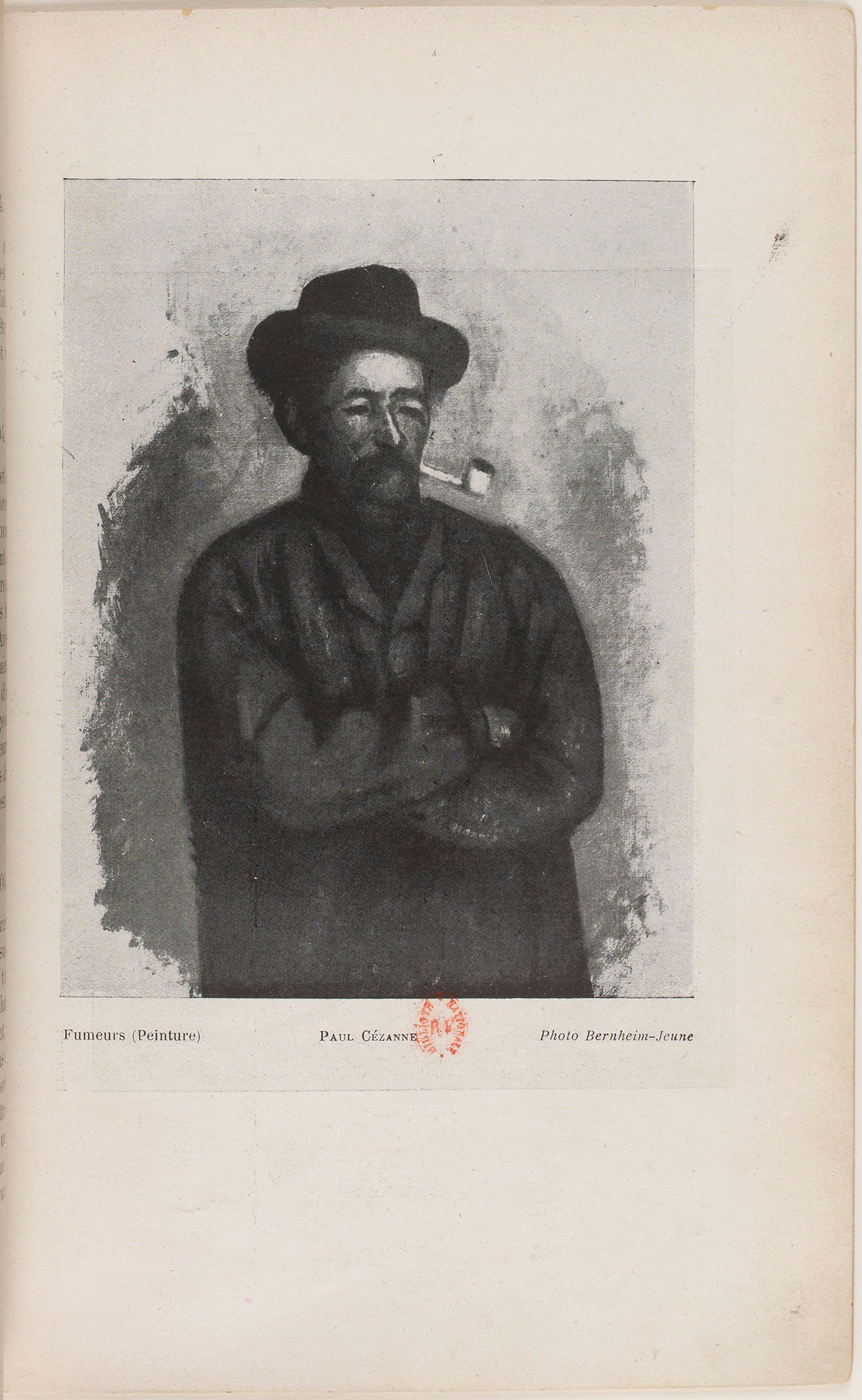 A black and white photograph of a painting depicting a man wearing a large coat and a wide brim hat smoking a pipe. The man’s eyes are flat, and he also has a mustache. He crosses his arms over his chest. He also wears a vest and a shirt with a collar that wraps around his neck.