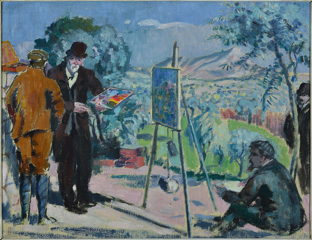 A painting that is depicting a man wearing a black suit and top hat and holding a tray with multiple colors on it. He is turned toward a man wearing a brown suit and tall gray boots near a stone wall. To their right, is an easel with a landscape painting, and sitting on the ground is another man who is writing. Along the trail another gentleman stands behind a thin turquoise tree. In the background is a large forest ranging in colors of blue and green underneath with a gray mountain range. The sky above is a light blue.