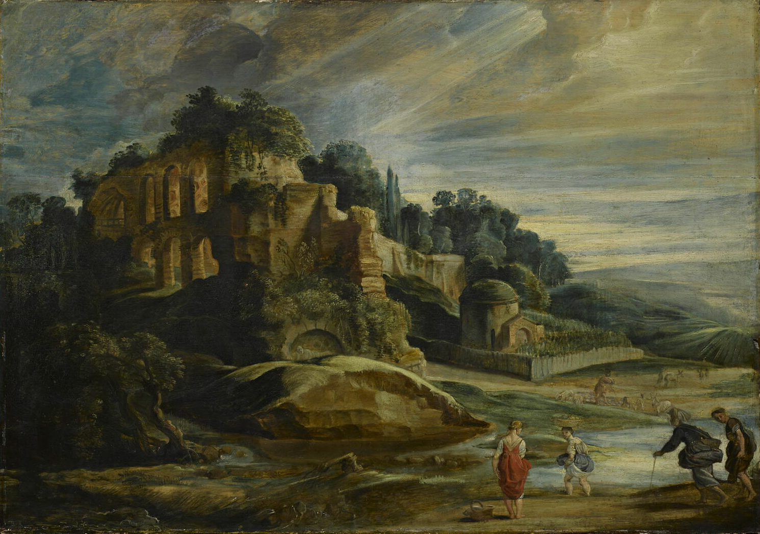 A painting depicting the ruins of a stone structure that is covered in green vegetation and surrounded by hills and trees. In the foreground, four figures are walking toward the structure. Above them is a very cloudy gray sky.