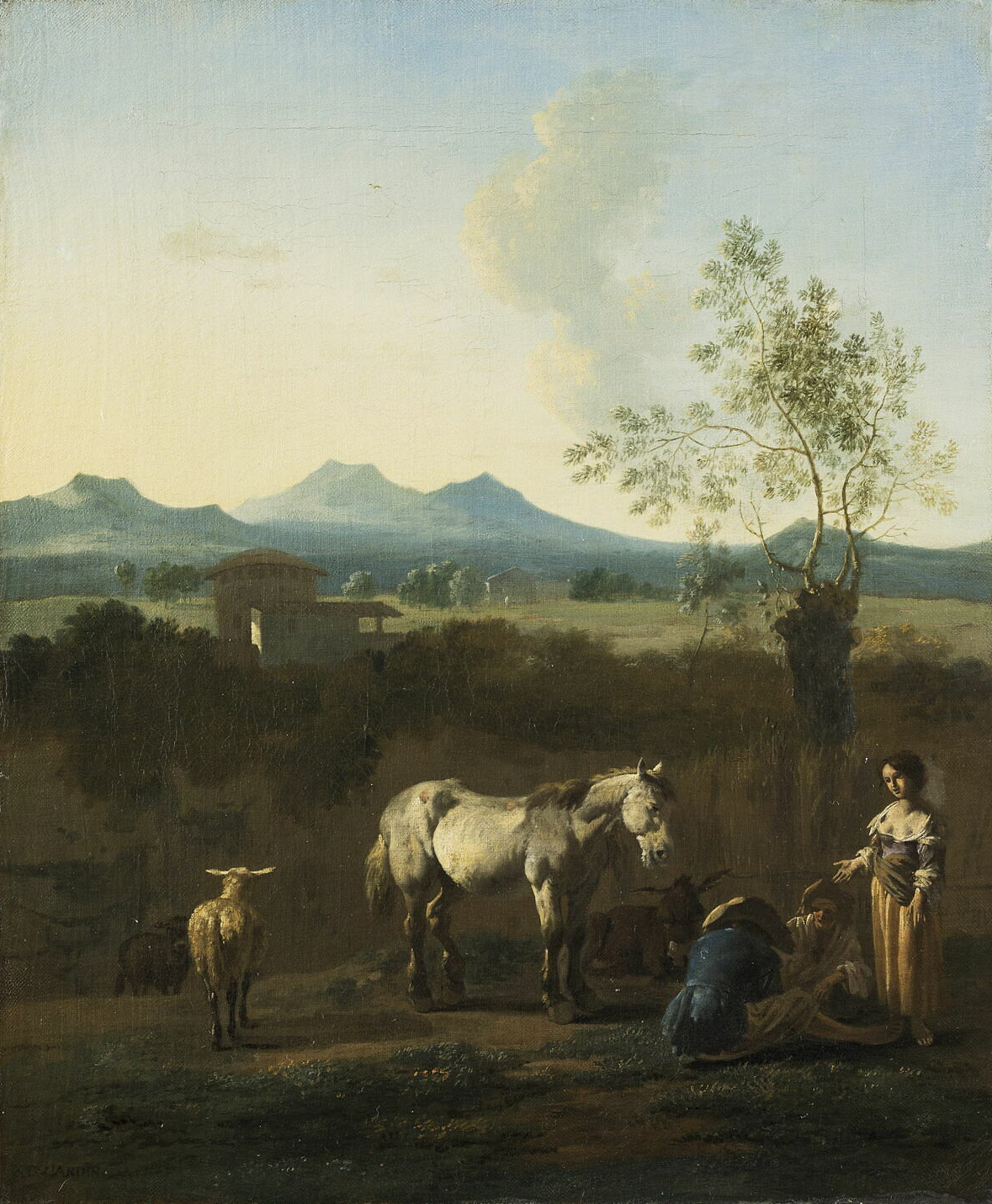 A painting depicting a white horse and a lamb standing near a group of people and cattle. One woman stands while the other two sit on the ground. Behind them is a tree with thin branches and green leaves. In the background, there is a house along a large grass field. This is shadowed by the vast gray mountain range in the background. The sky is clear with only a few large clouds.
