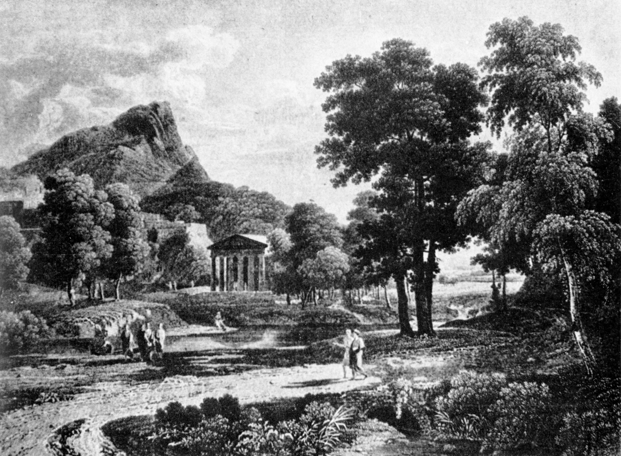 A black and white print of a painting depicting a trail leading up to a temple with large stone pillars. A group of people walking along it. On its sides are large trees and hills. Behind the temple, there is a large rocky mountain surrounded by more trees.