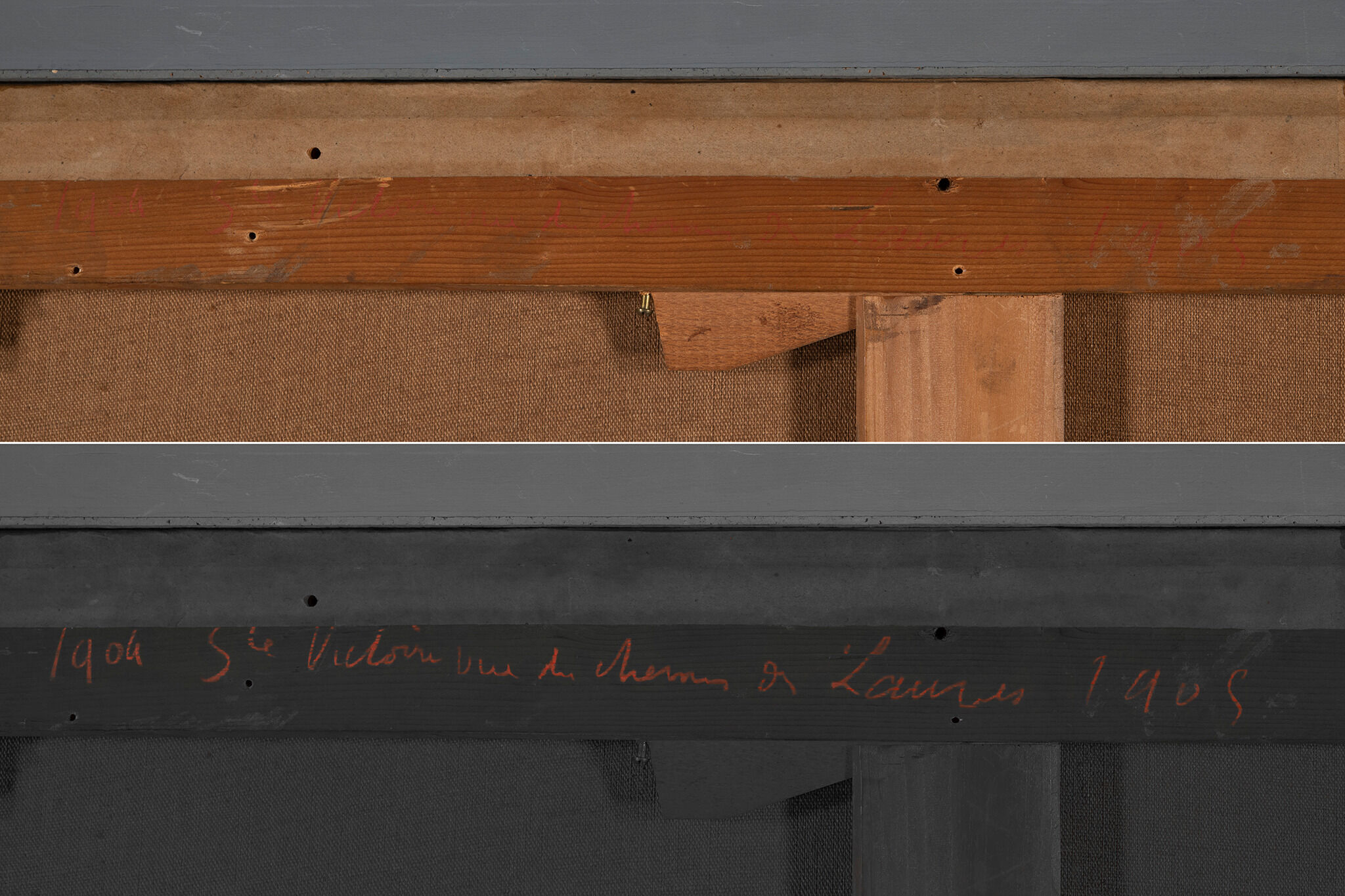 A zoomed in photograph of red writing on the back of what seems to be a frame of a painting.