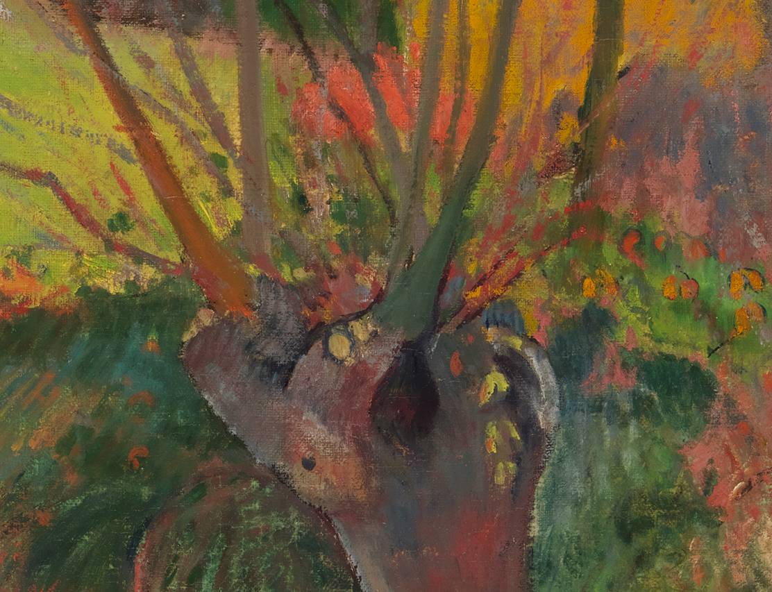 A zoomed in section of a painting depicting a leafless tree created in a variety of colors. They range from green, red, brown, and black. In the background consists of greens, yellows, reds, and orange.