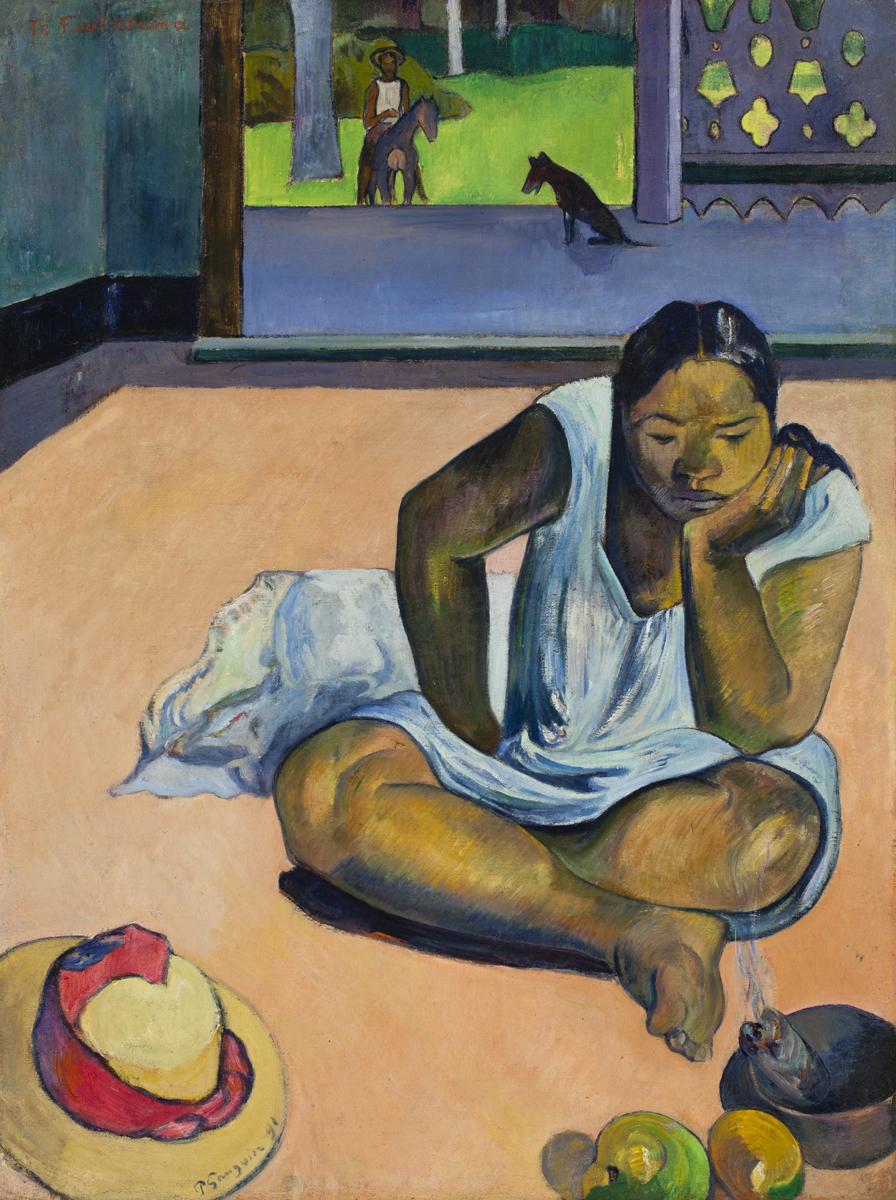 A painting depicting a woman with a light blue dress sitting on an orange floor with her legs crossed. She has her chin resting on the palm of her hand.  Her eyes are glancing at the ground or at the small bowl with a burning object. To the left of it is a straw hat with a red ribbon and tie. In the background, there is a dog sitting on a porch near a man riding on a black horse.