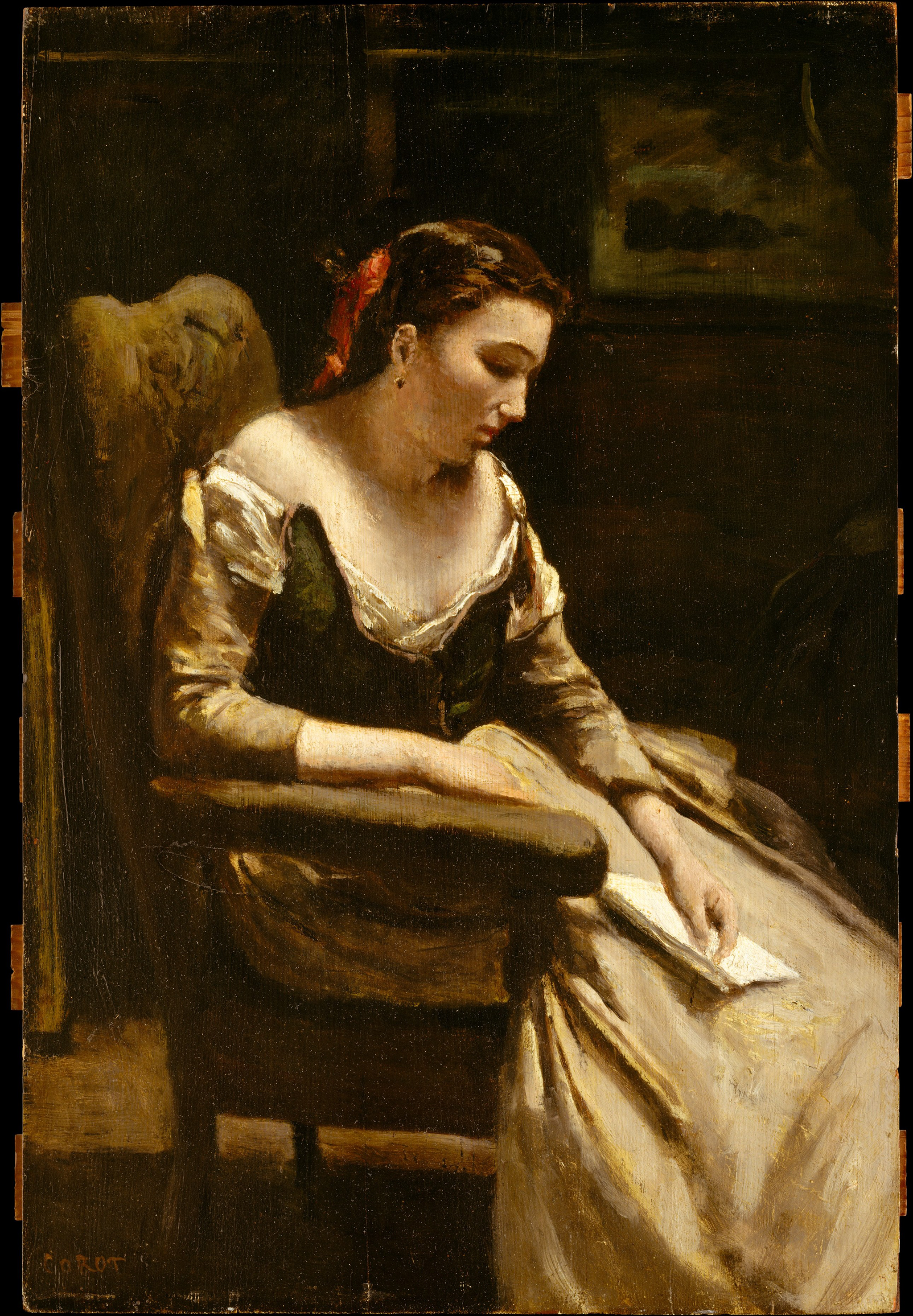 A painting depicting a woman with a long dress siting on a chair with an envelope in her hand. She has a red tie in her brown hair, and her head faces down toward the ground.