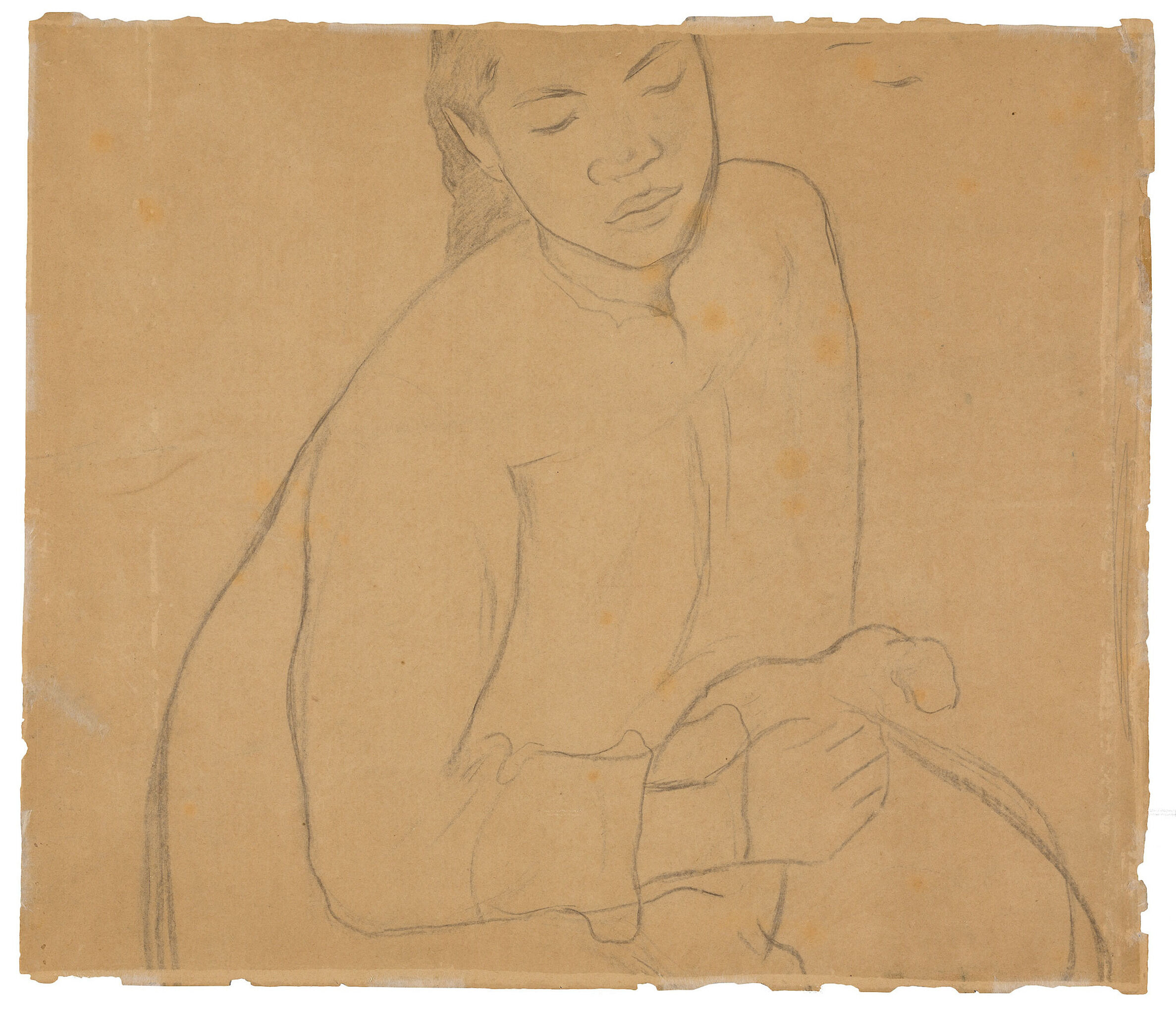 A light sketch of a woman on a light brown paper.