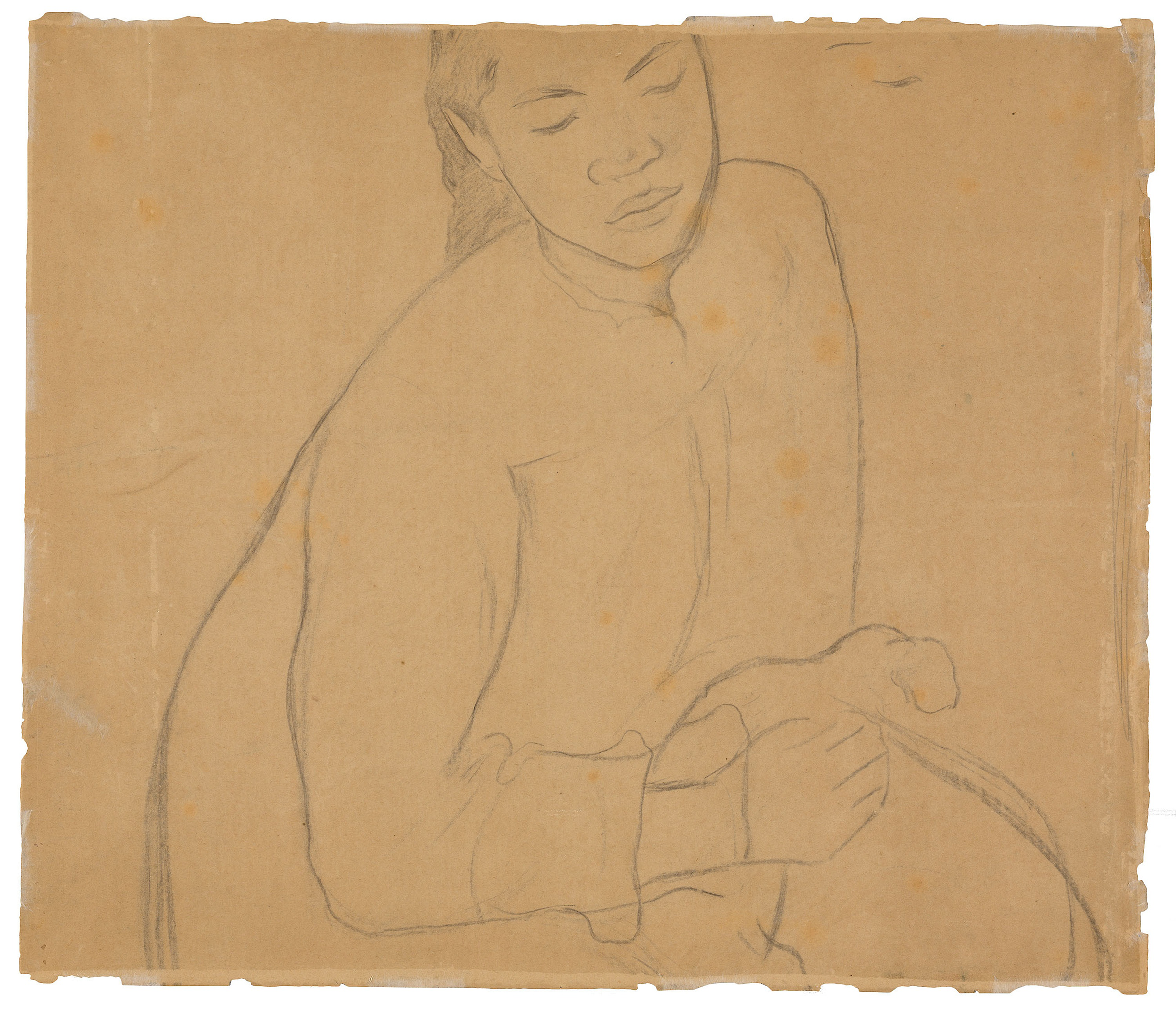 A light sketch of a woman on a light brown paper.