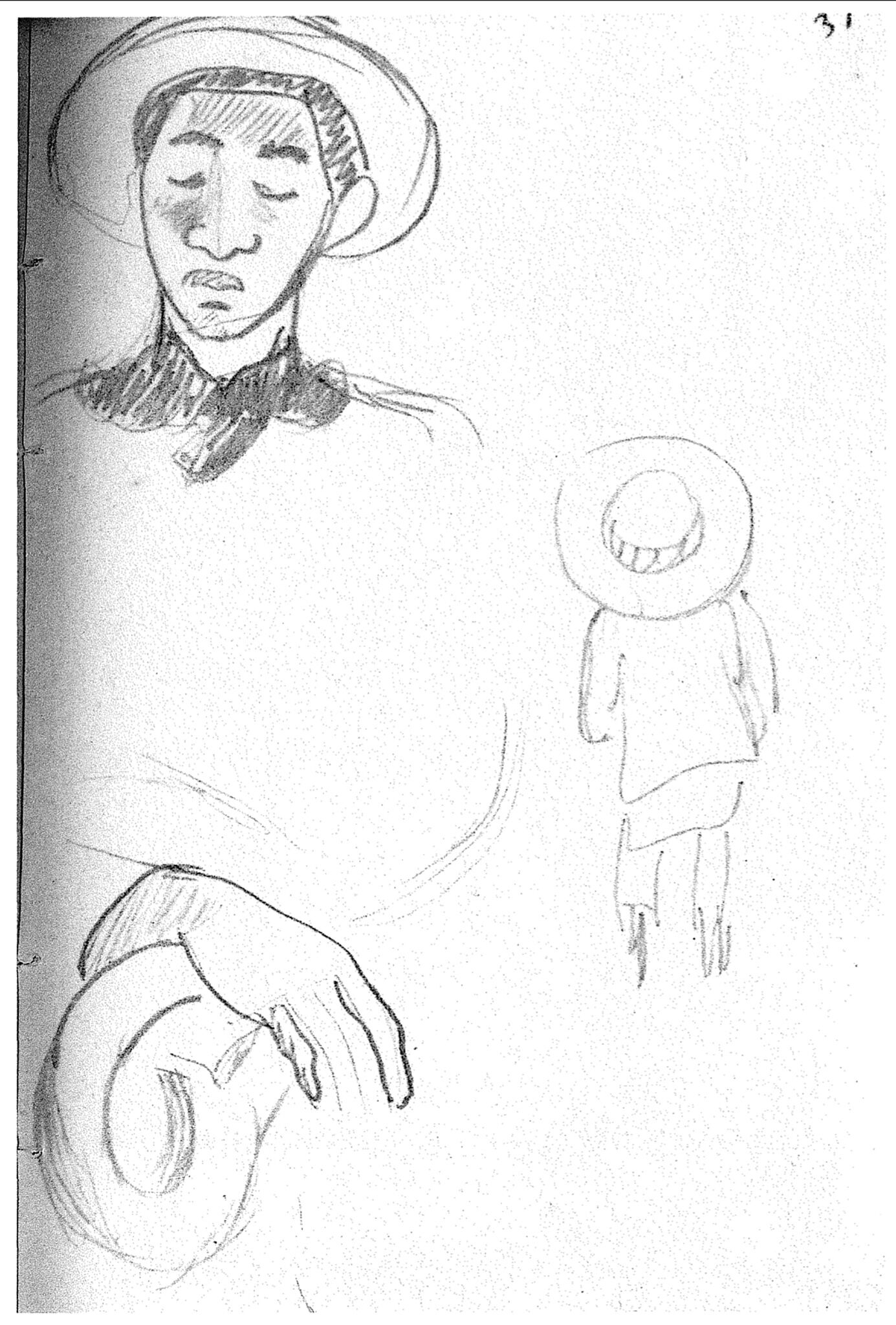 A variety of three different sketches on the same page. One is a man with a straw hat and a black collar. The second is another sketch of the back of a figure with a big hat. The last is a hand resting on the armrest of a chair.