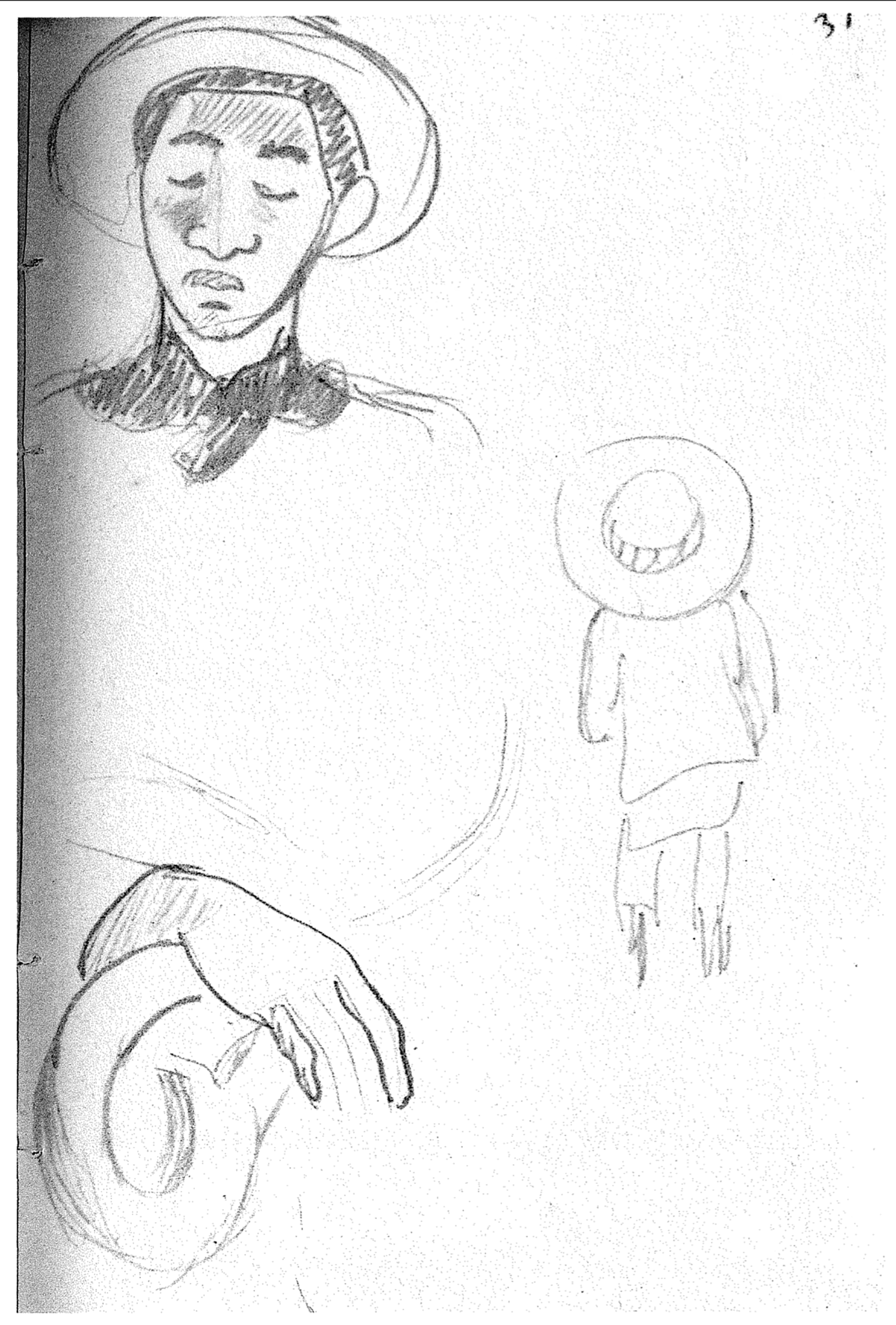 A variety of three different sketches on the same page. One is a man with a straw hat and a black collar. The second is another sketch of the back of a figure with a big hat. The last is a hand resting on the armrest of a chair.