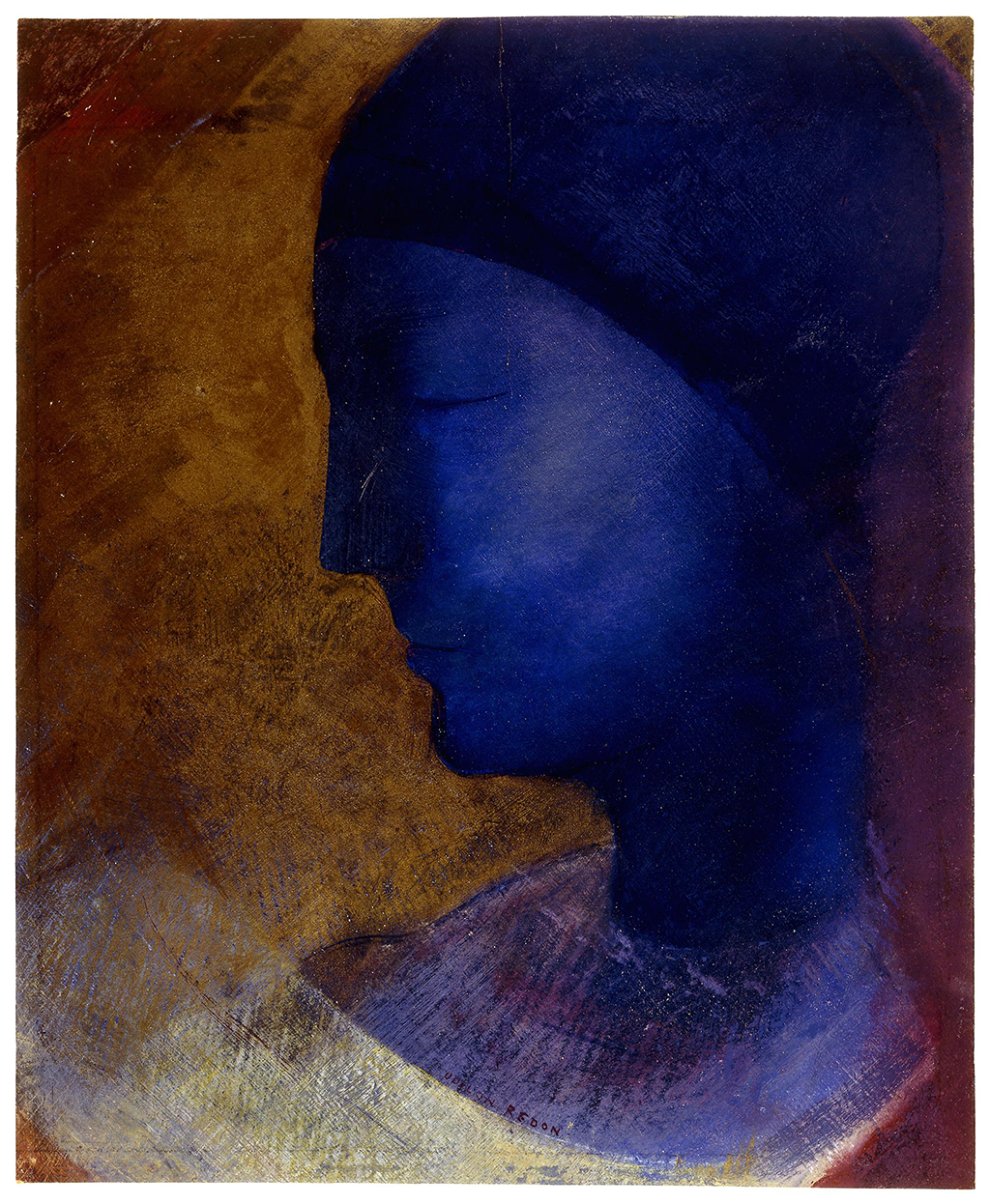 A painting of a the side of a woman’s face. Her eyes are shut, and her face is painted in blue. The background consists of different shades of yellow, red, white, and purple.