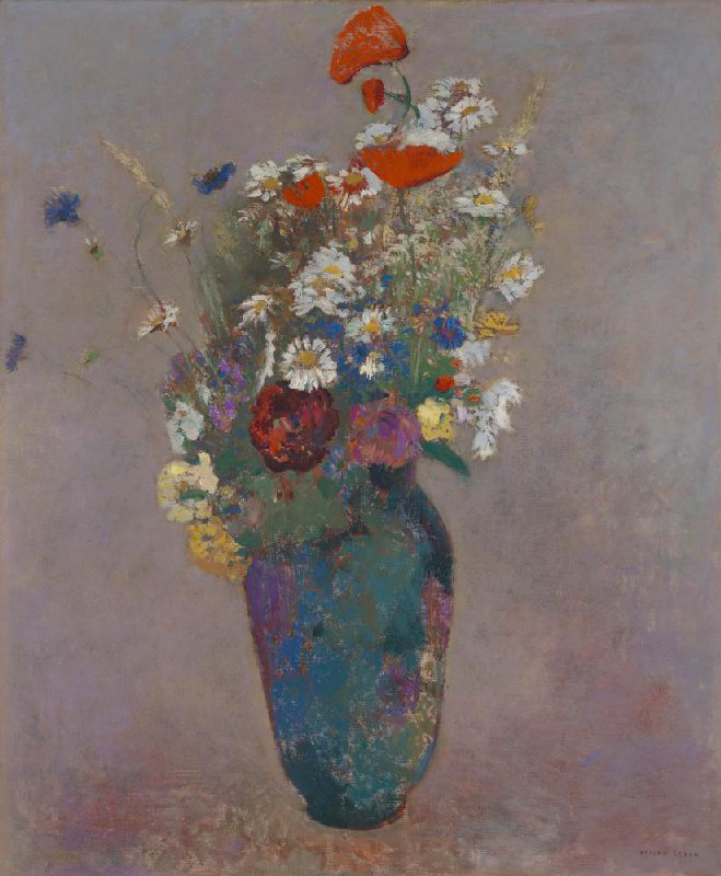 A painting of a vase with a multiple different flowers and plants bundled up in it. They range is colors of red, white, blue, and some yellow and green. The vase is also made up of purple, blue, green, and turquoise.