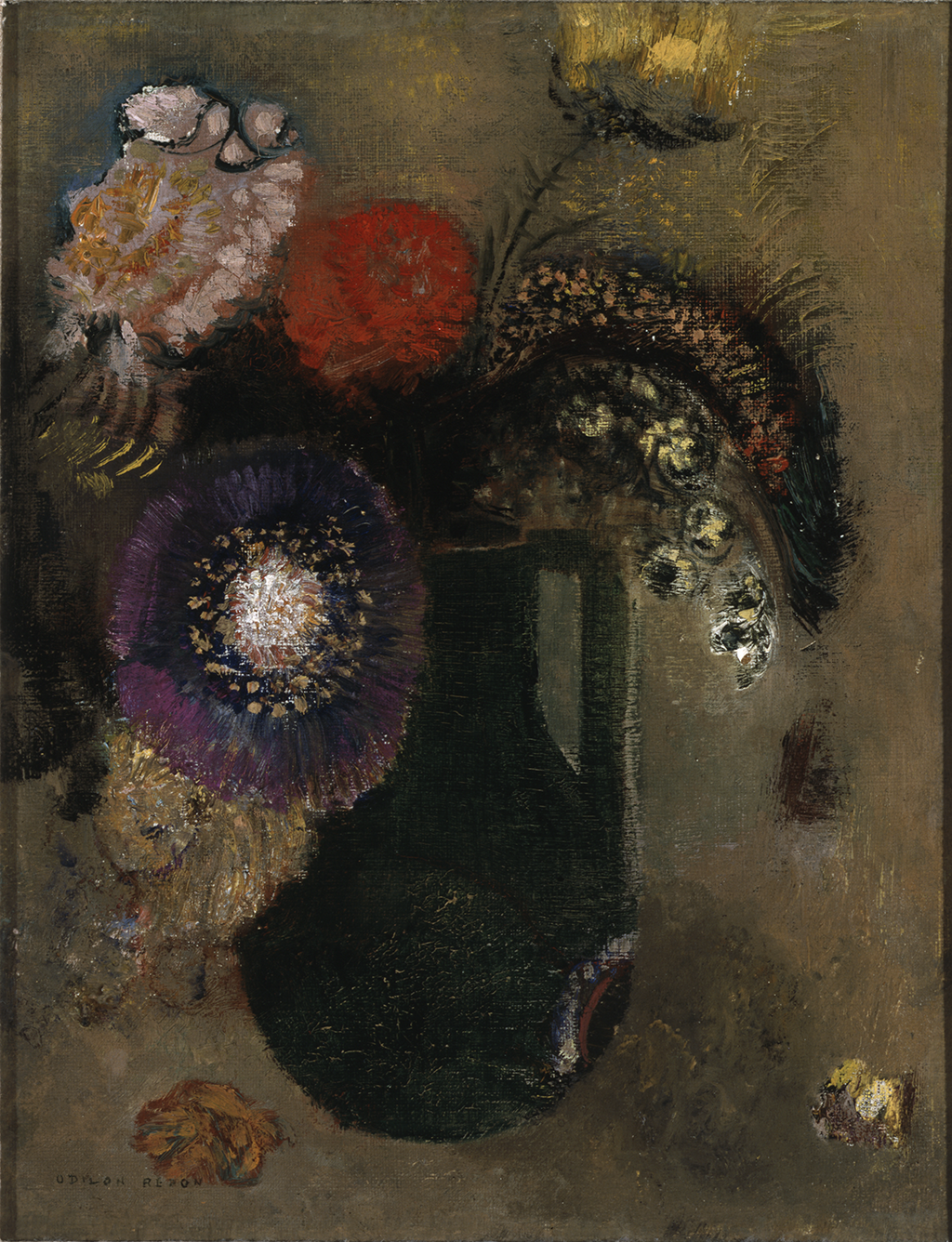 A painting depicting a variety of flowers and plants hanging out of a dark green vase. There is a large purple, red, and white flower.