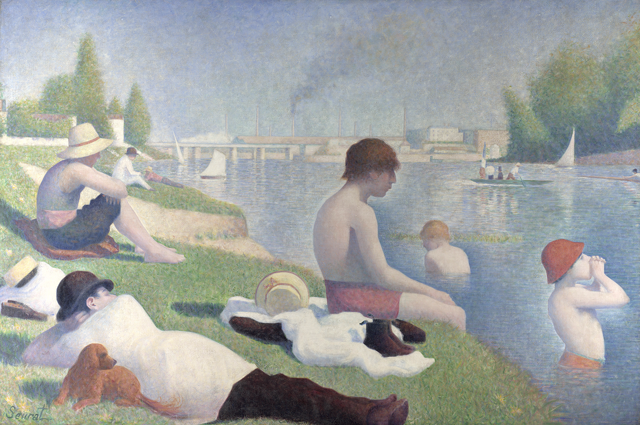 A painting depicting a group of young men sitting on the bank of a river. Two of the boys are shirtless in the water, while others sit on their clothing which rests on top of the grass. In the river, there are a few small boats with a large bridge and factory in the background.