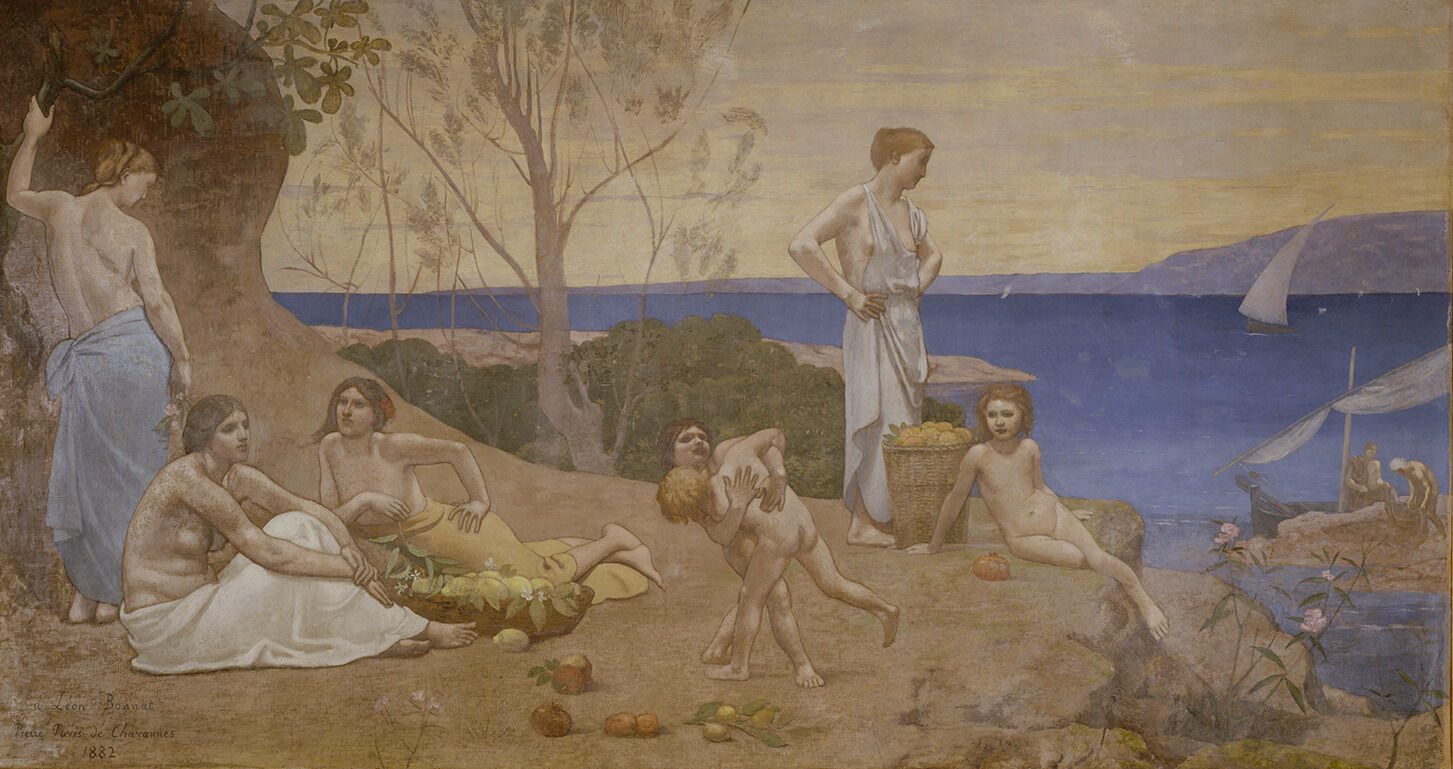 A painting depicting a group of loosely clothed people on a rocky cliff side overlooking the sea. The group consists of four women and two children seemingly wrestling each other. All around them are baskets of fruits.