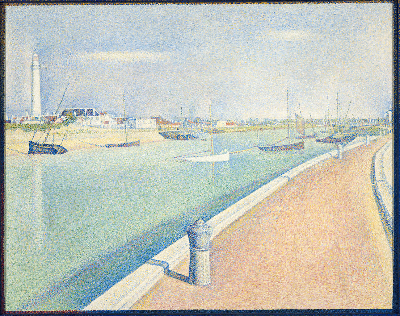 A painting created with small colorful dots depicting a river with docked boats along it. To the right, there is a road or a rail with white barriers along both its side. In the background there is a large lighthouse overlooking a small town which stretches toward the horizon.