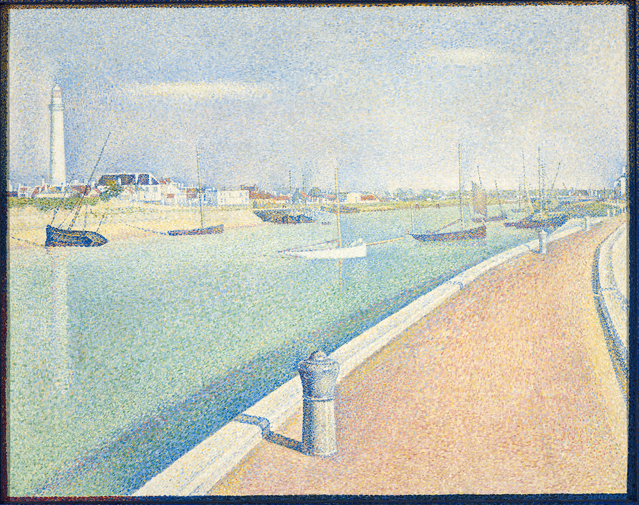 A painting created with small colorful dots depicting a river with docked boats along it. To the right, there is a road or a rail with white barriers along both its side. In the background there is a large lighthouse overlooking a small town which stretches toward the horizon.