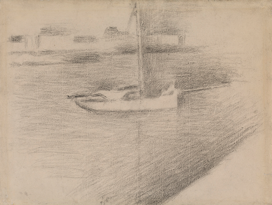 A sketch of a boat in a river created with light strokes and shading of a black crayon. In the background, there seems to be buildings and other structures.
