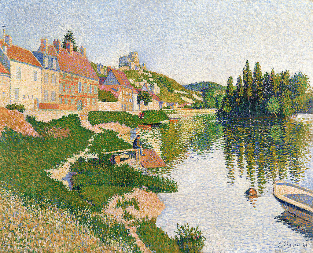 A painting a depicting a riverbank under a light blue sky. Along the river, there is a man sitting on what seems to be a small dock, boats are also rest across the shore. Behind them is a line of buildings varying in color and material. In the river, there is the reflection of a small forest along with the sky. In the background, there are the ruins of a tower which stands on a rocky hill.