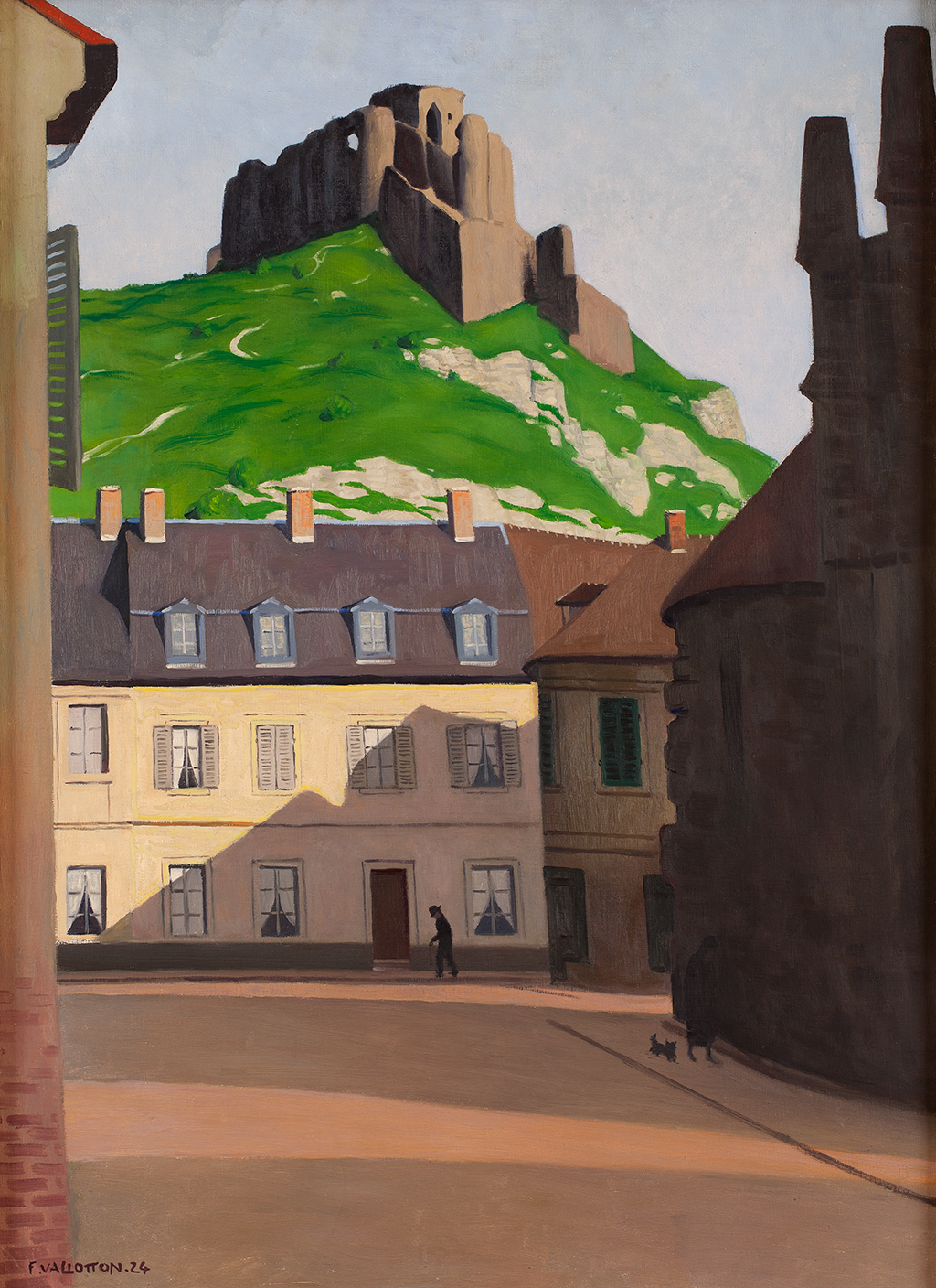 A painting showing a wide street being covered in shadows by the surrounding buildings. Along the sidewalks, there is an animal and two people walking. In the background is a rocky hill covered in grass with the ruins of a structure resting at the top.