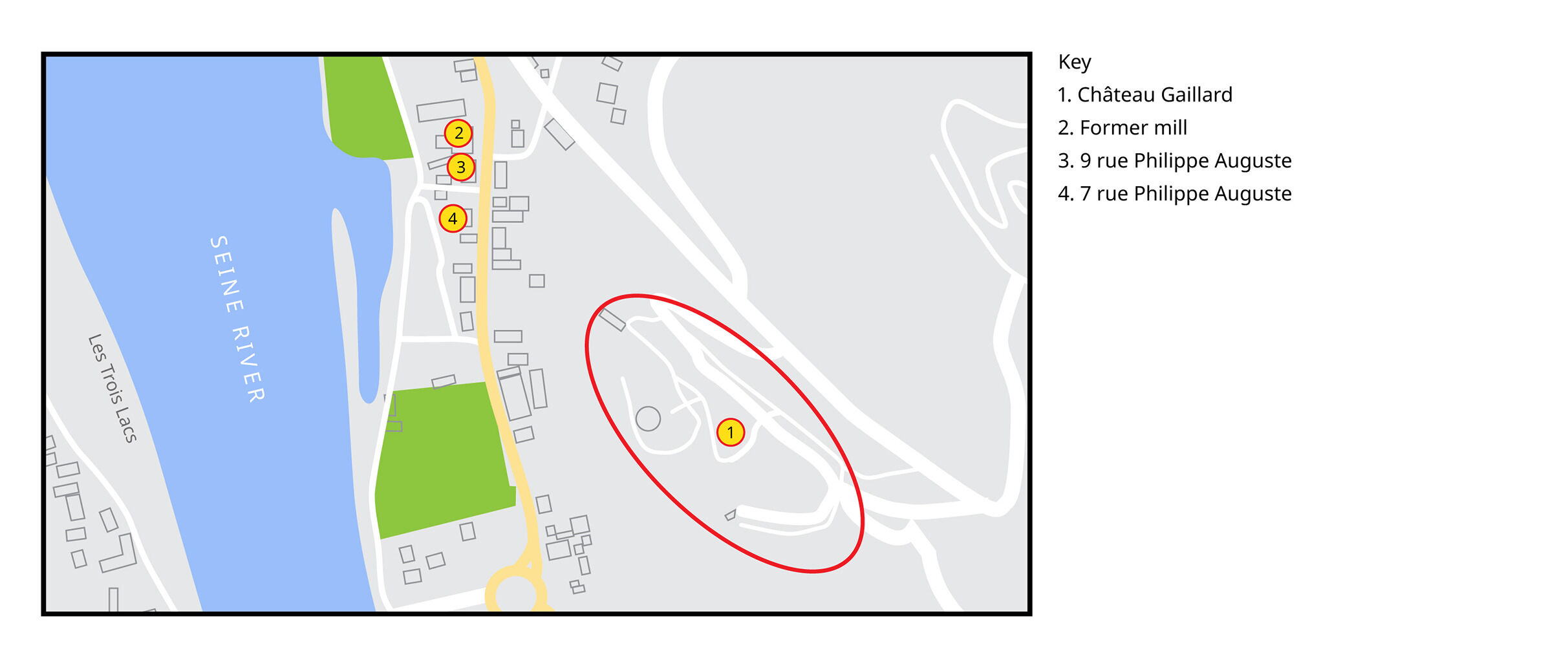 An overview of a map showing a location circled in red along a large river. Different areas of the map are highlighted by a number within a yellow circle.