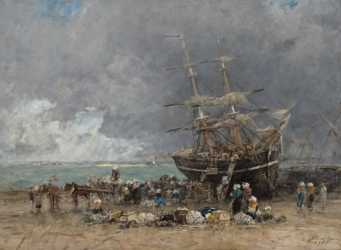 A painting depicts a large wooden ship beached on a shore. On the ship, people are unloading a variety of cargo and setting them on the beach. Another crowd sets the cargo onto wagons connected to horses. On the right side of the ship, a boat which is laying on its side. The background shows off a large ocean under a cloudy dark gray sky.