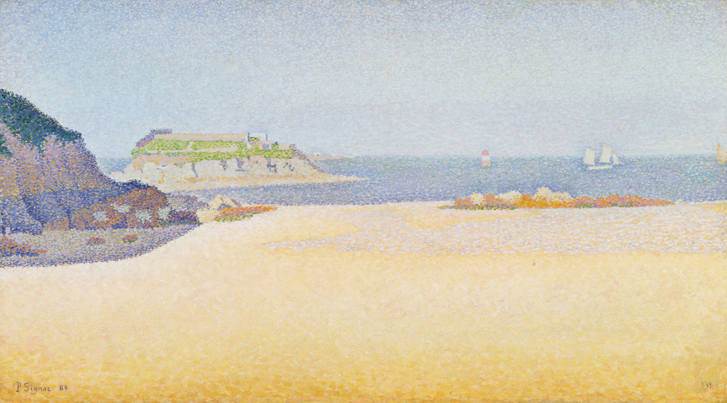 A painting depicting a beach shore near a rocky cliff. In the background, there is an island and a white ship within the ocean.
