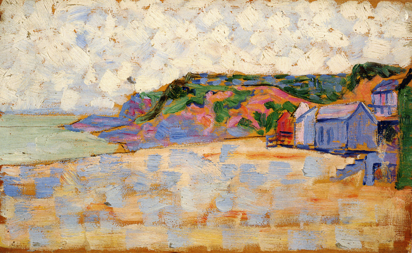 A painting depicting the shore of a beach surrounded by gray cabins a on a sandy beach. In the background, there is a red rocky cliff which is covered with green grass and bushes. Blue rectangular strokes fill up the lower half of the painting while white strokes make up the cloudy sky.