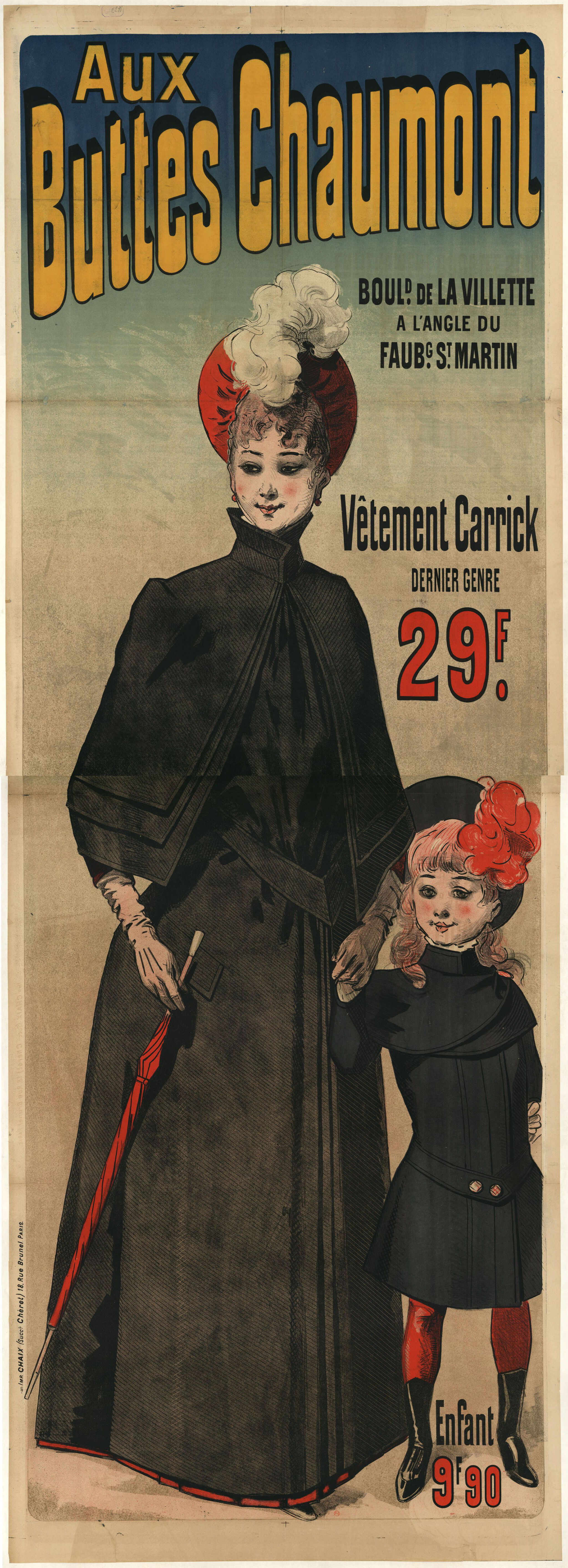 A stamp with a woman and a young girl holding hands. The woman wears a dark black dress and carries a red umbrella. She also wears a red hat with a white plume. The young girl also wears a dark attire and a black hat with a red plume.