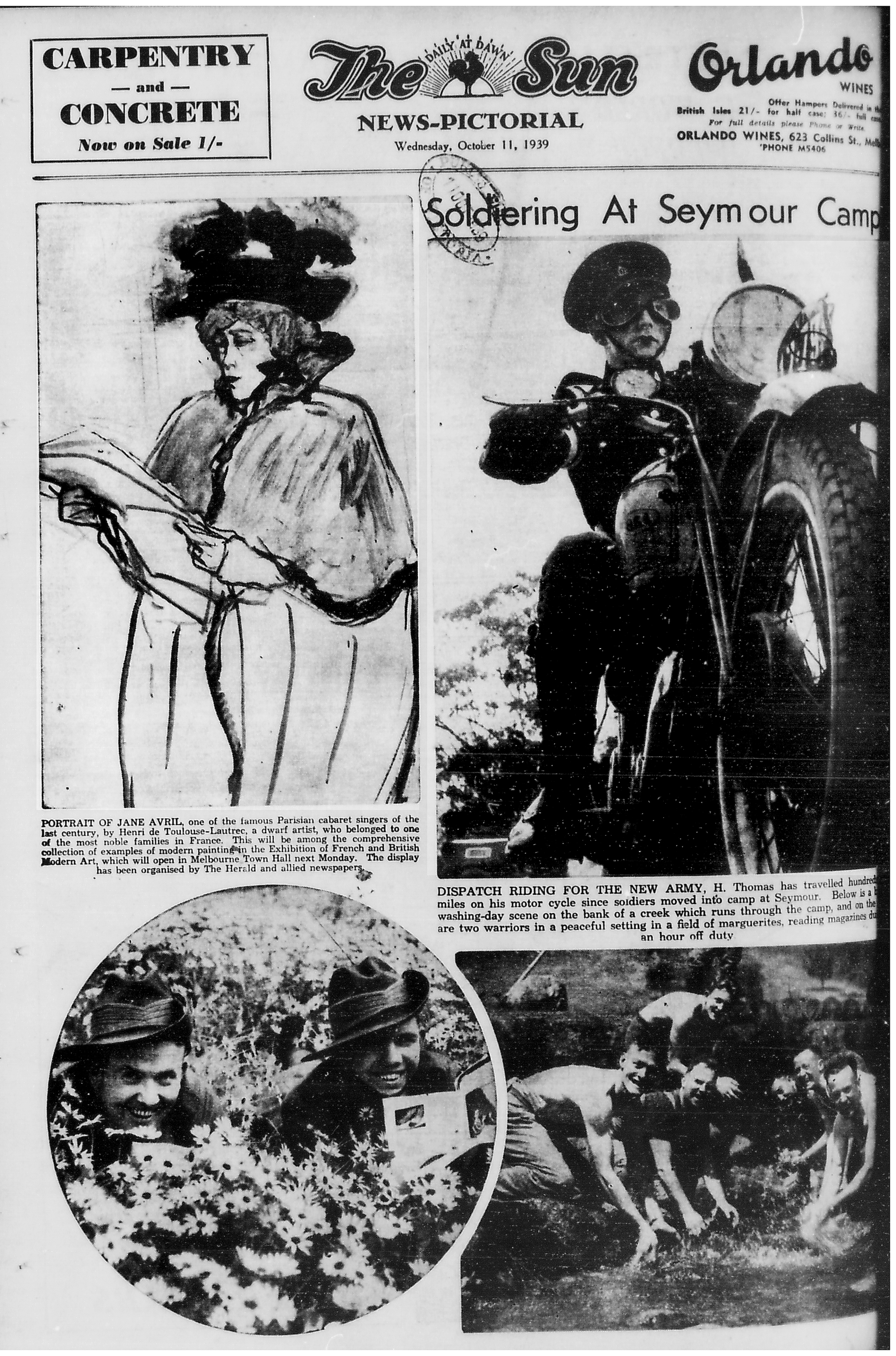 A black and white photograph of the front of what seems to be a newspaper. The top of it has a drawing of a woman holding a sheet of paper, and figure on a motorcycle. The bottom has an image of two people in a field of flowers along with a photo of a group of people near water.