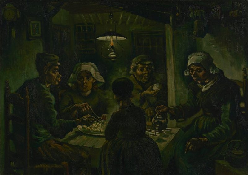 A painting depicting a dimly lit room within a home with the only light being a lamp hanging from the ceiling. Under it, is a small table with five people huddled around it. They talk amongst themselves while eating various food, one pours drinks from a pitcher. In the background, a clock and other paintings hang on the left side of the wall.