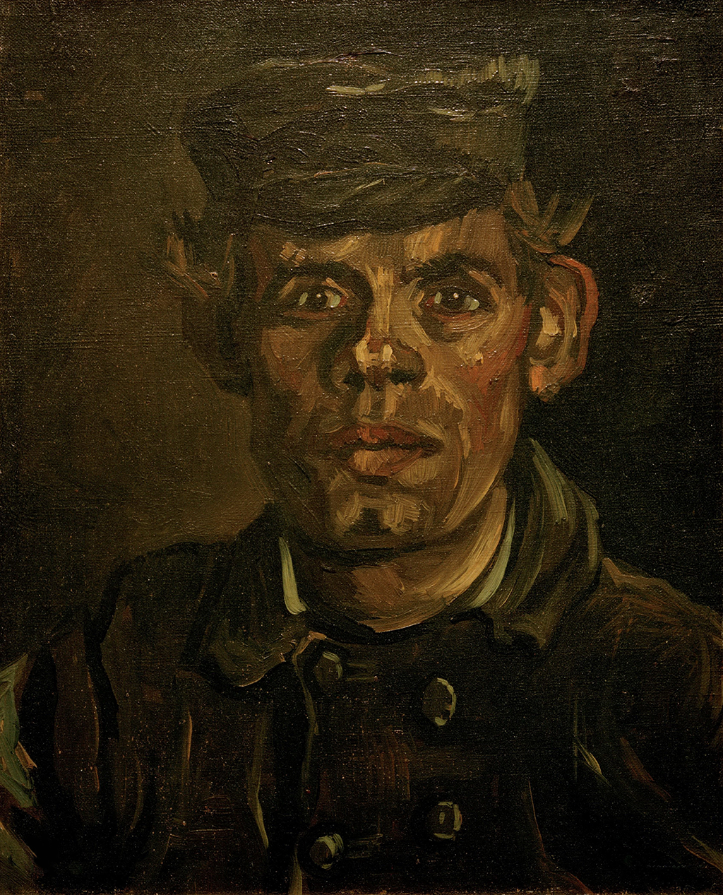 A portrait painting of a man. He wears are darker hat or cap made with dark greens, grays, and browns, this color is mirrored also within his collared button shirt. His face is made up with light and dark brown strokes.