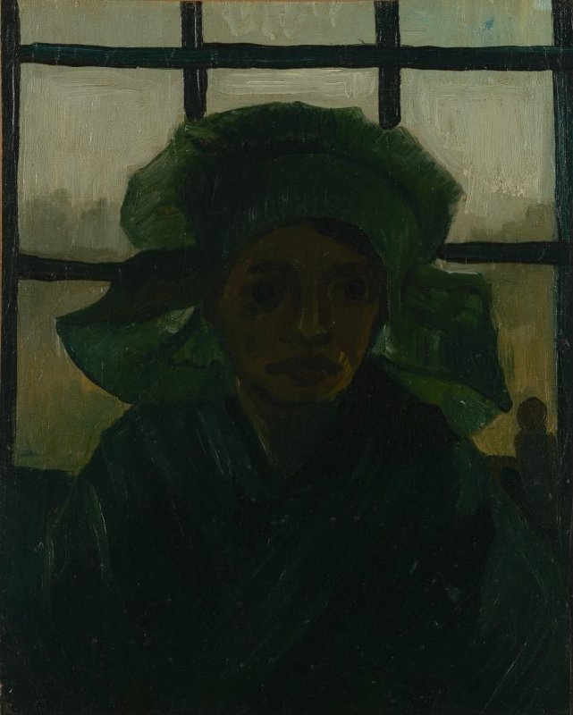 A portrait painting depicting a woman wearing a large headdress. She stands Infront of a window. Behind it, there seems to be green tree line, which contrasts against the gray sky above.