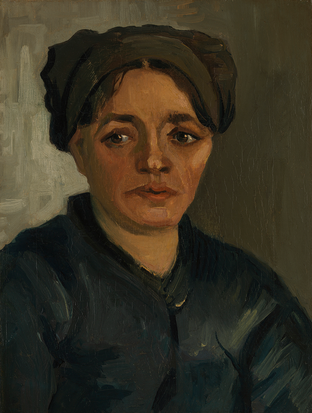 A portrait painting of a woman with brown hair and a headscarf or cap which covers most of her hair. She has light read lips and brown eyes. She wears dark blue shirt.