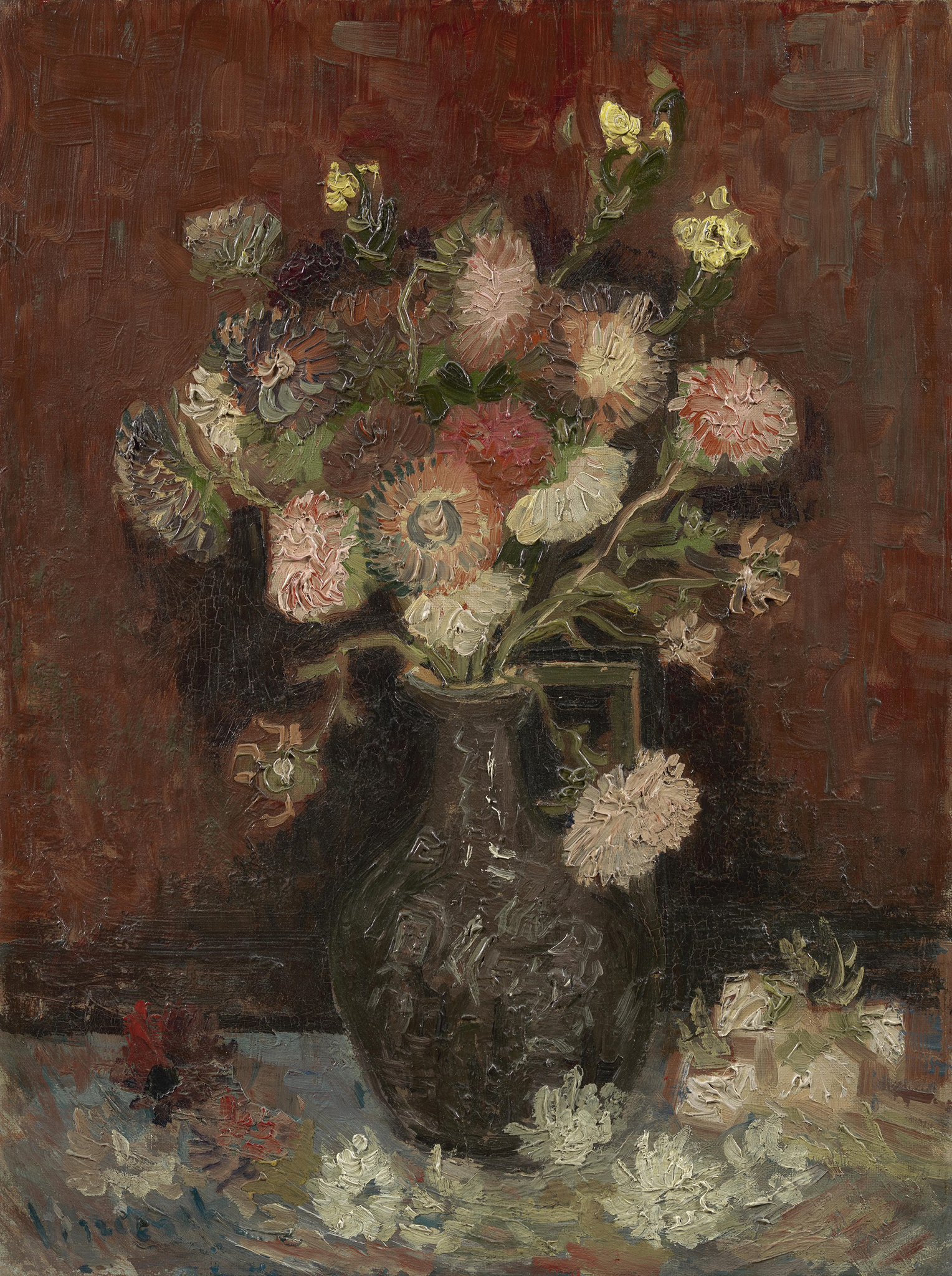 A painting of a flowers in a in a dark brown. The flowers have green stems but the petals rand in colors like pink, white, red, and yellow. Some flowers are wilted over and lay next to the vase on the ground. The background is a dark red wall.