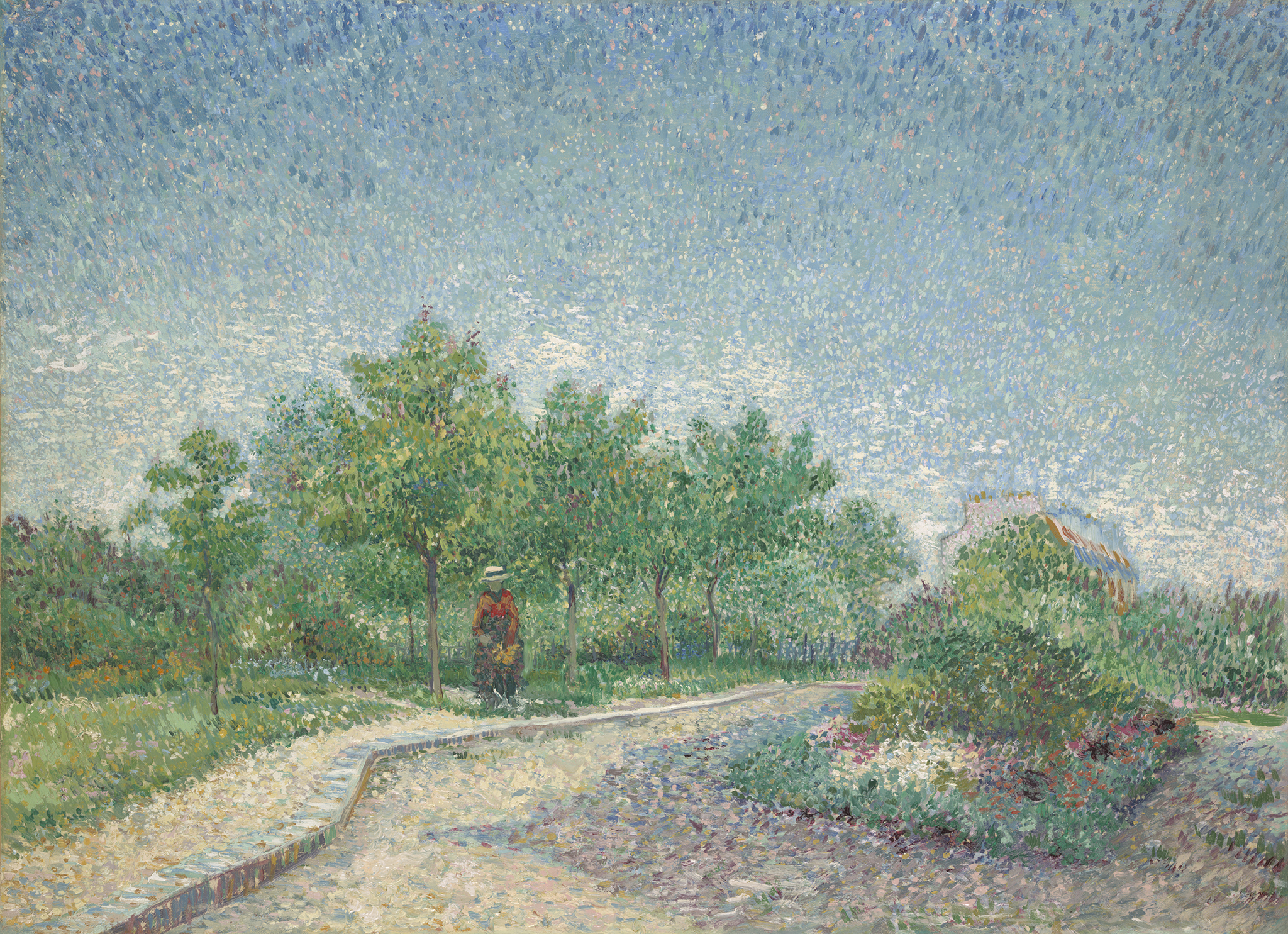 A painting depicting a figure wearing a red shirt and a white hat stands along a brick road under two green trees. To the right of him is a brick road which revolves around a small bush with flowers. In the background there is a top of a building along with more green leaves from trees.