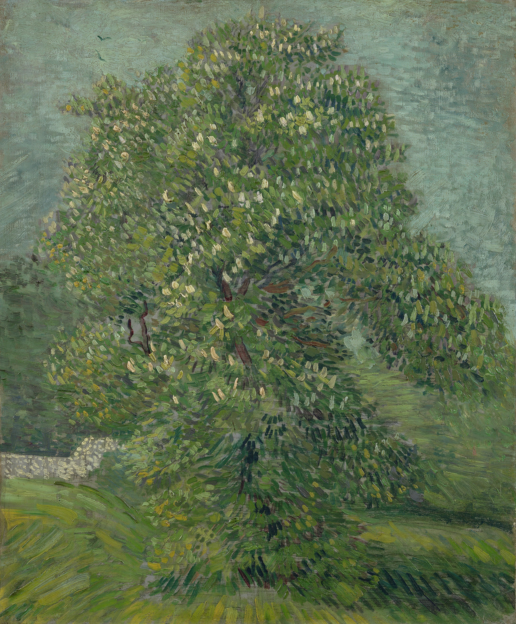A painting of a large tree with brown branches and multiple shades of green for its leaves. The trees stand on a grass field with a gray stone wall sitting behind it.
