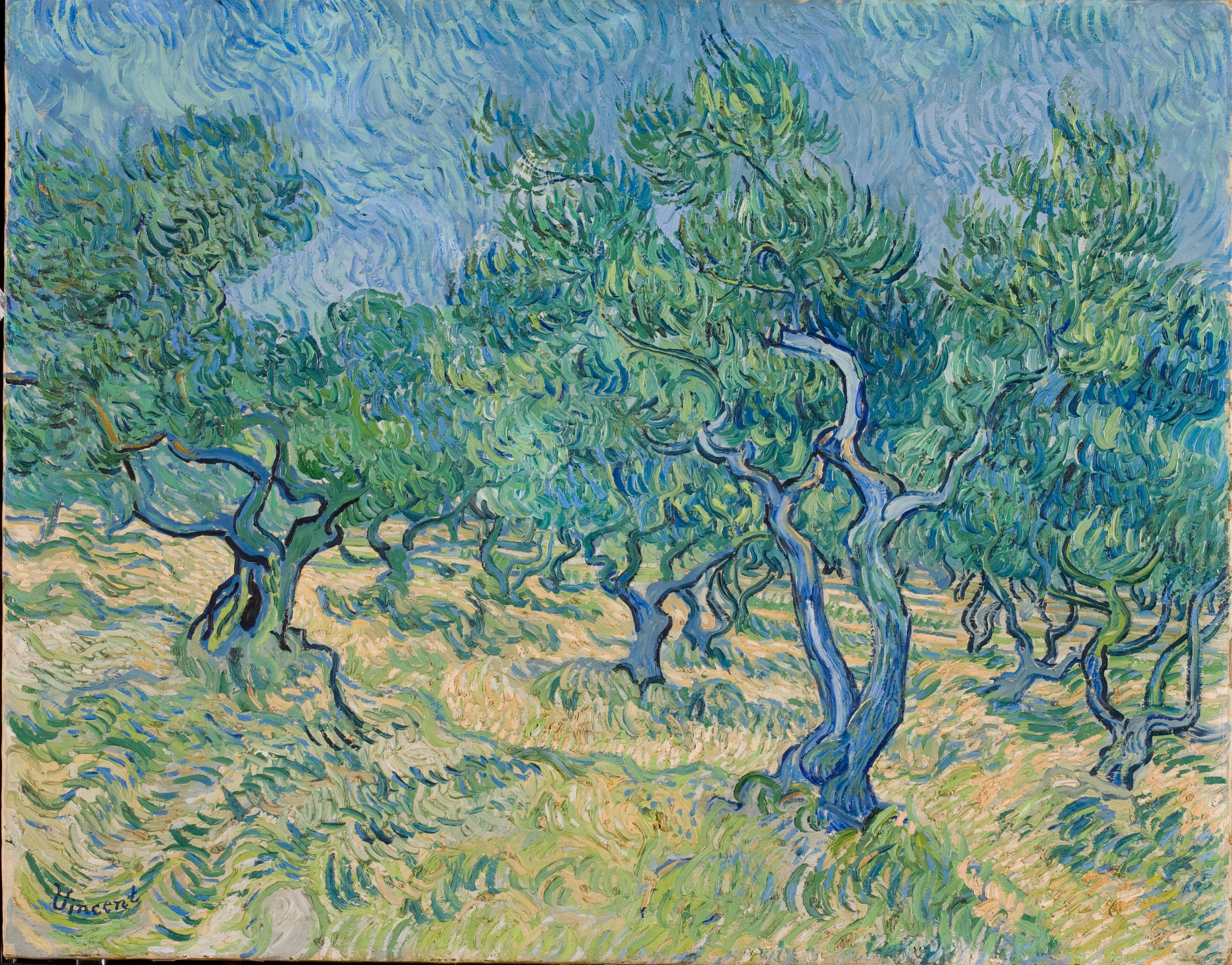 A painting depicting a yellow field filled with rows of blue trees. The trees create green shadows in the field.