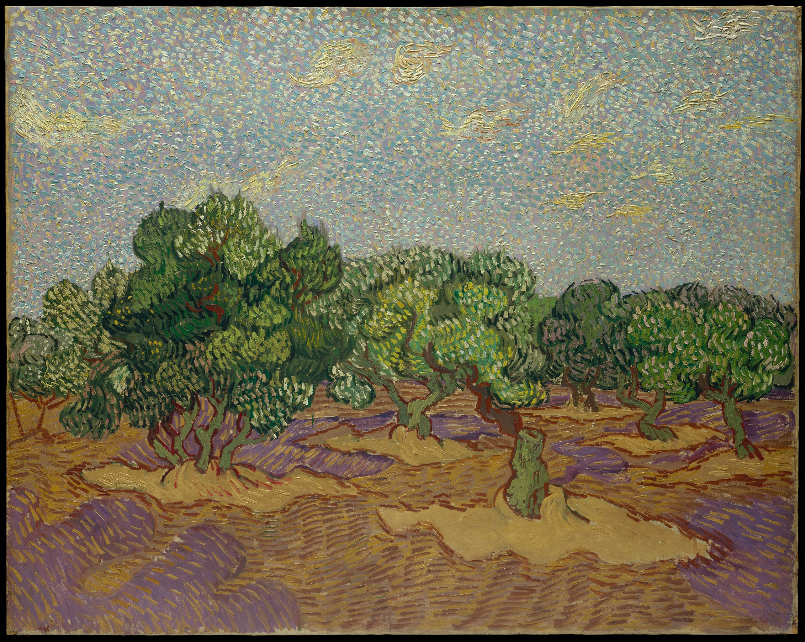 A painting depicting a short green tree in a yellow field. On the field, there are splashes of people along the yellow and brown field. The leaves on the green trees have white and light green dots. The sky above is also made up from a large number of light-colored dots that overlap on a blue cloudy sky,