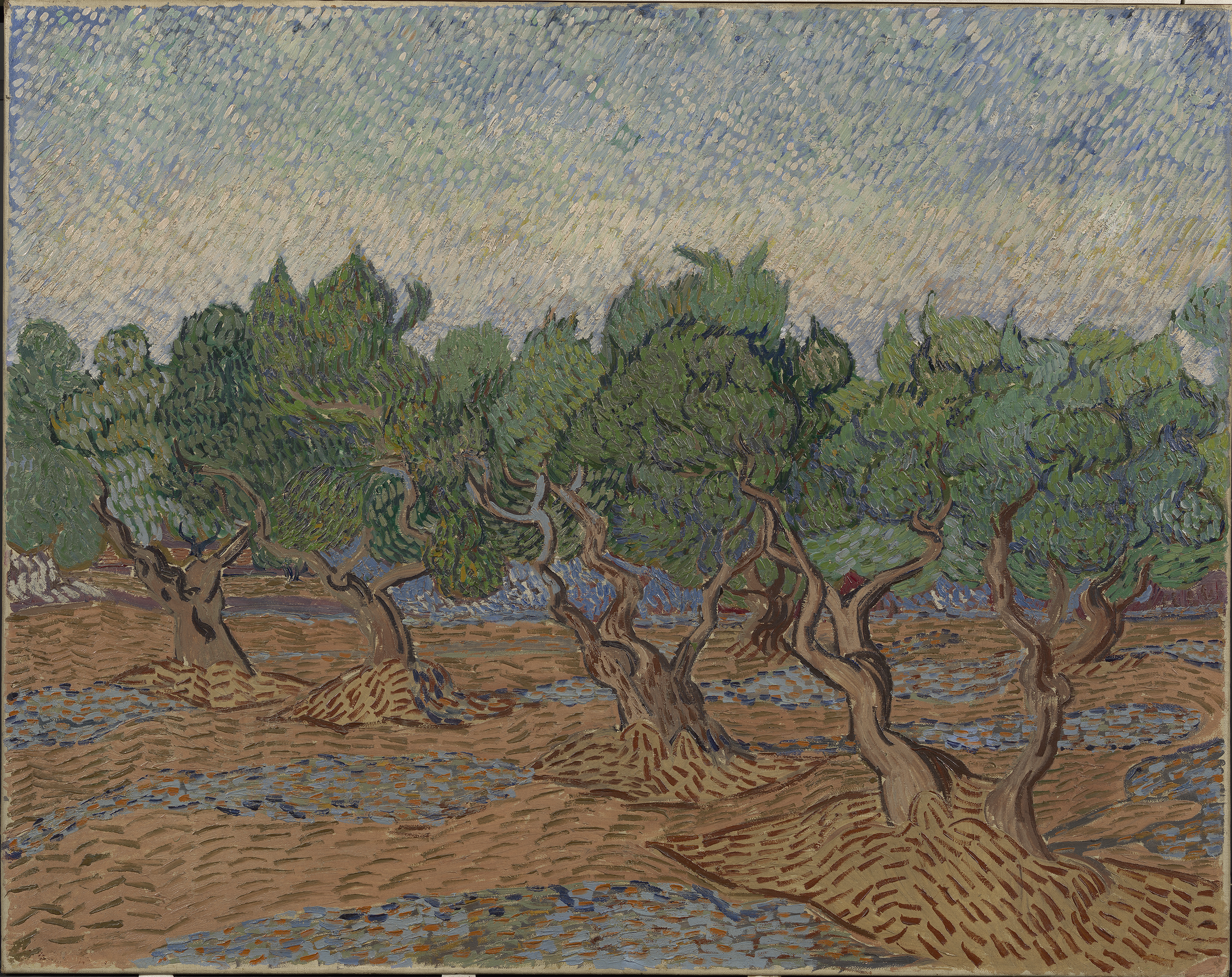 A painting of brown trees on an equally brown and light blue field. Along the ground there are short dark brown lines. The trees have curvy green leaves that vary in lighter and darker hues. The light blue sky above the field is made up with dots.