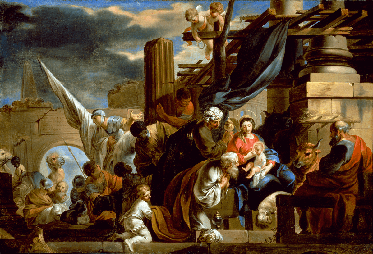 The Holy Family sit at the right. The three Magi approach from the left, offering gifts. Their retinue trails behind. In the background are ruins.
