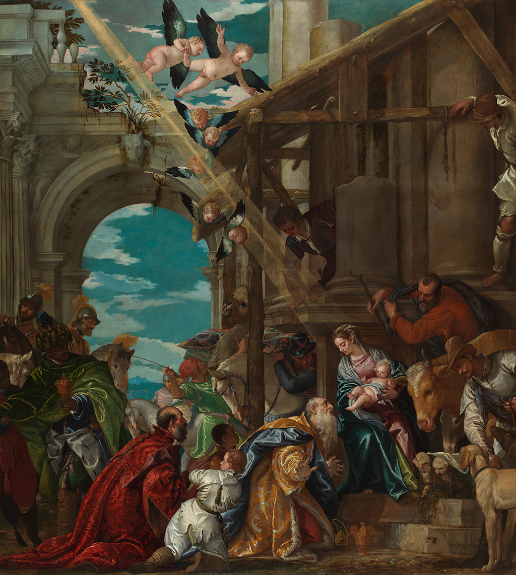 A painting that depicts a crowd of people and various animals which have gathered around the steps of a building with a straw roof. The group of people while two soldiers ride on their horses behind them. A yellow ray of light beams on a woman who is sitting on the steps. She holds a baby while the people around her kneel. Above them are mix of baby heads attached to blue wings and along with full bodied babies also attached to the wings. In the background, there are the ruins of a large stone archway and a teal sky with a white cloud.