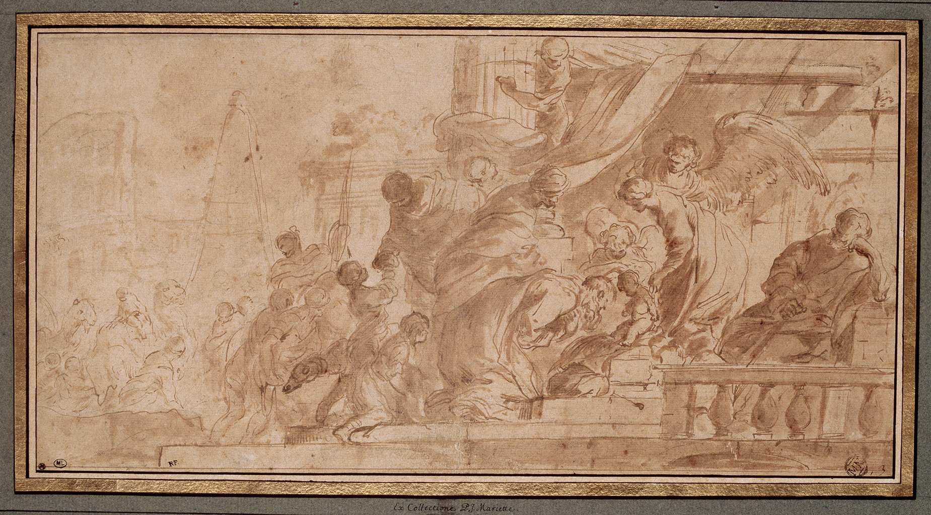 A photograph of a brown sketch that depicts a gathering of people on a large slab staircase surrounding a pillar. In the group there seems to be a mix of animals, children, and also biblical figures. In the background are the remains of large structures and buildings.