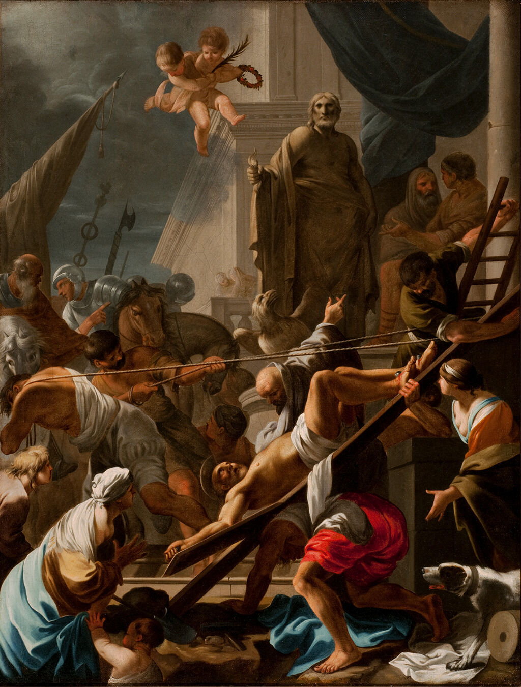 A painting depicting two people pulling on ropes that are attached to a large wooden cross which a man is bound to. Surrounding them is a crowd mixed with people of various ages. Two floating babies and a statue of a man stand over the crowd. In the background, there is a massive geometric structure.