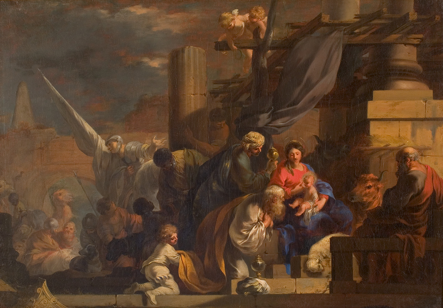 A painting of a large group of people sitting and standing on the steps of a ruin with broken pillars. A man with gray hair kneels and has his eyes fixated on the baby that is sitting on a woman’s lap. Above them are babies with small white wings. In the background is a man wearing metal armor and leaning against a large white cloth wrapped around a pole.