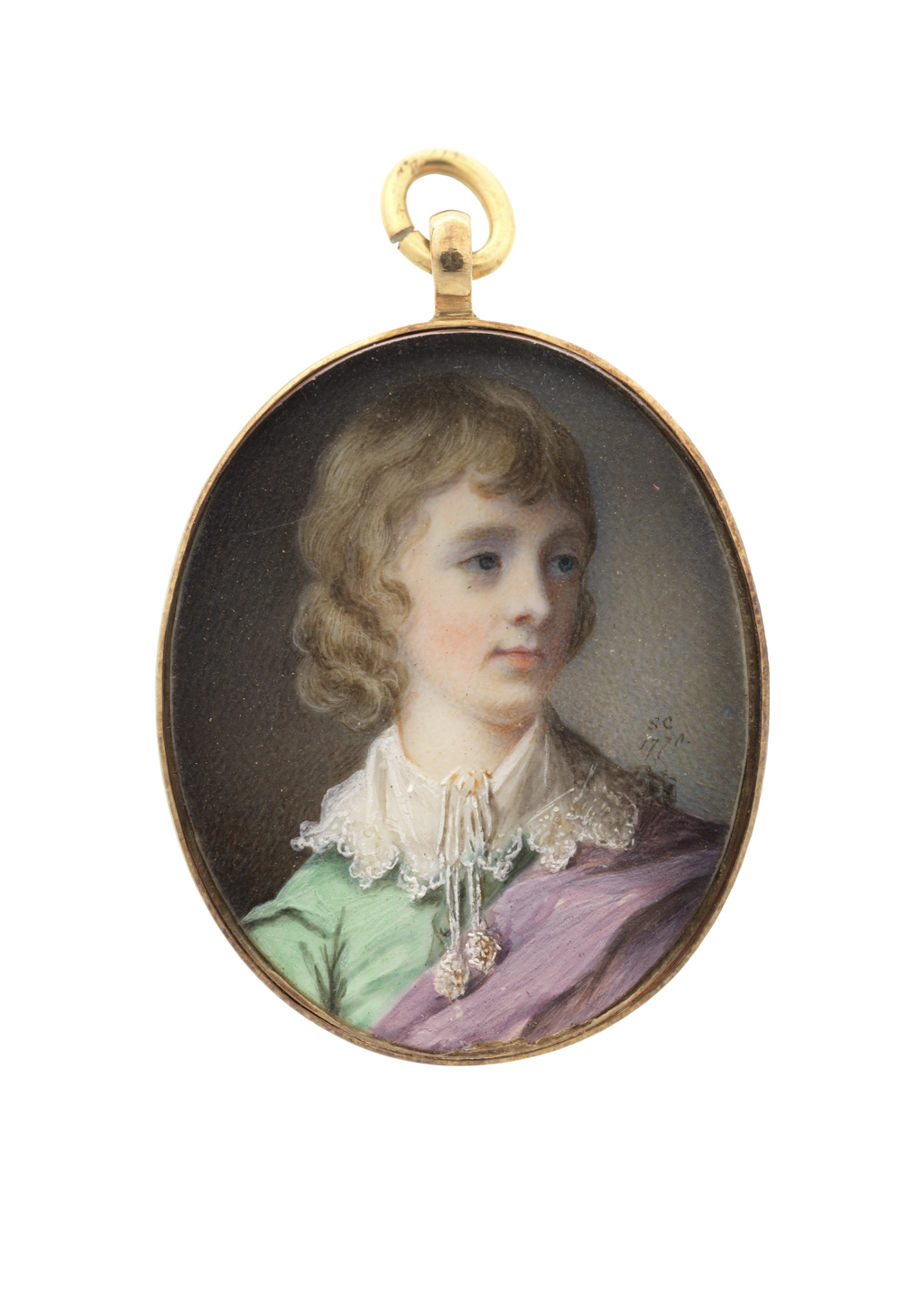 Portrait miniature of a light-skinned boy with natural hair wearing a green coat and lilac sash before a gray-brown background.